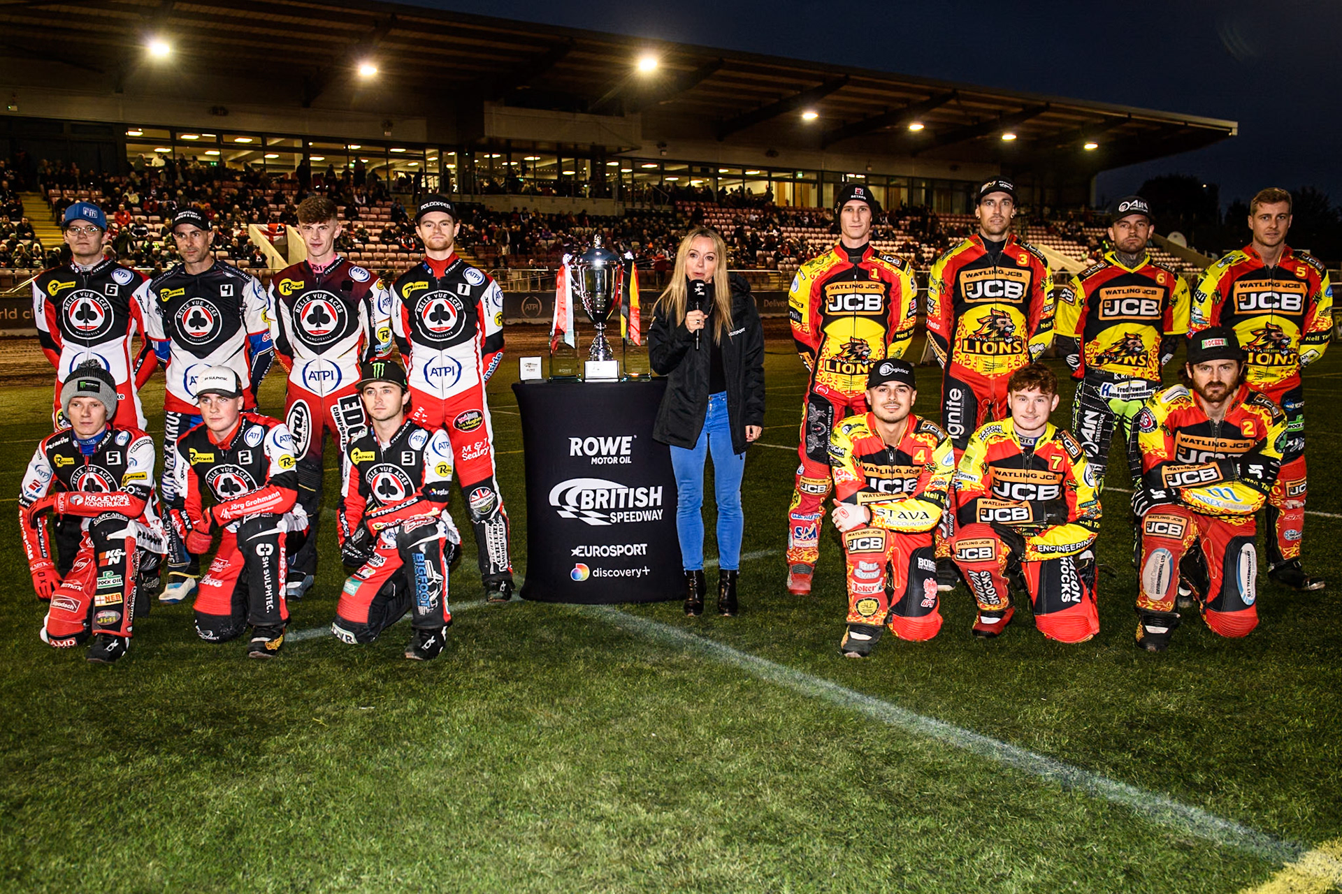 The Teams line up for the TV Cameras during the Rowe Motor Oil Premiership Grand Final 1st Leg between Belle Vue Aces and Leicester Lions at the National Speedway Stadium, Manchester on Monday 23rd September 2024. (Photo: Ian Charles | MI News)