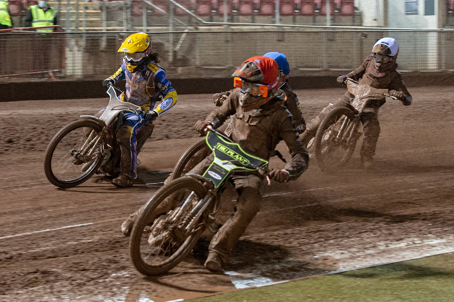 Photo: Ian CharlesDrew Kemp   (Red)  leads  Ben Barker   (Blue)  Richard Lawson   (Yellow)  and Josh Bates   (White) into the first turnSports Insure British Speedway Championship Final, National Speedway Stadium, Manchester Monday  28  September  2020