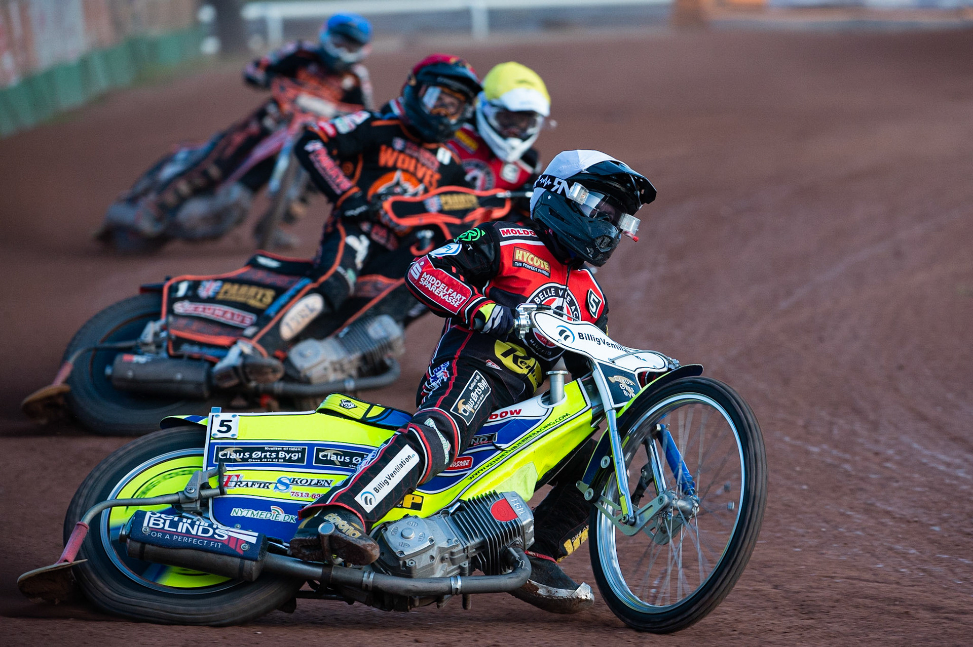 Photo by Ian Charles:

Kenneth Bjerre (White) leads Jacob Thorssell (Red) Jaimon Lidsey (Yellow) and Luke Becker   (Blue)

Wolverhampton Wolves v Belle Vue Aces, British Speedway Premiership 5 August 2019
