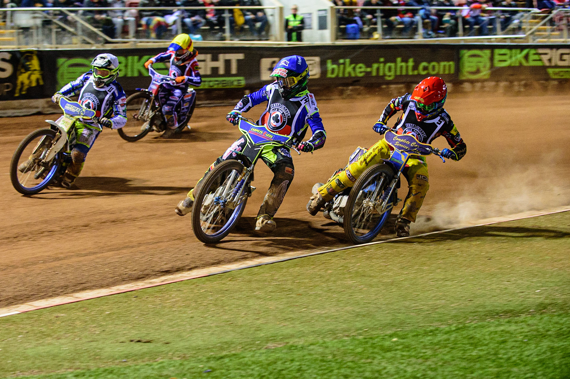MANCHESTER, UK. OCT 23RD  Nick Morris  (Blue) leads Kyle Howarth  (Red) Chris Harris  (White) and Jordan Palin  (Yellow) during the Peter Craven Memorial Trophy event at the National Speedway Stadium, Manchester on Saturday 23rd October 2021. (Credit: Ian Charles | MI News)