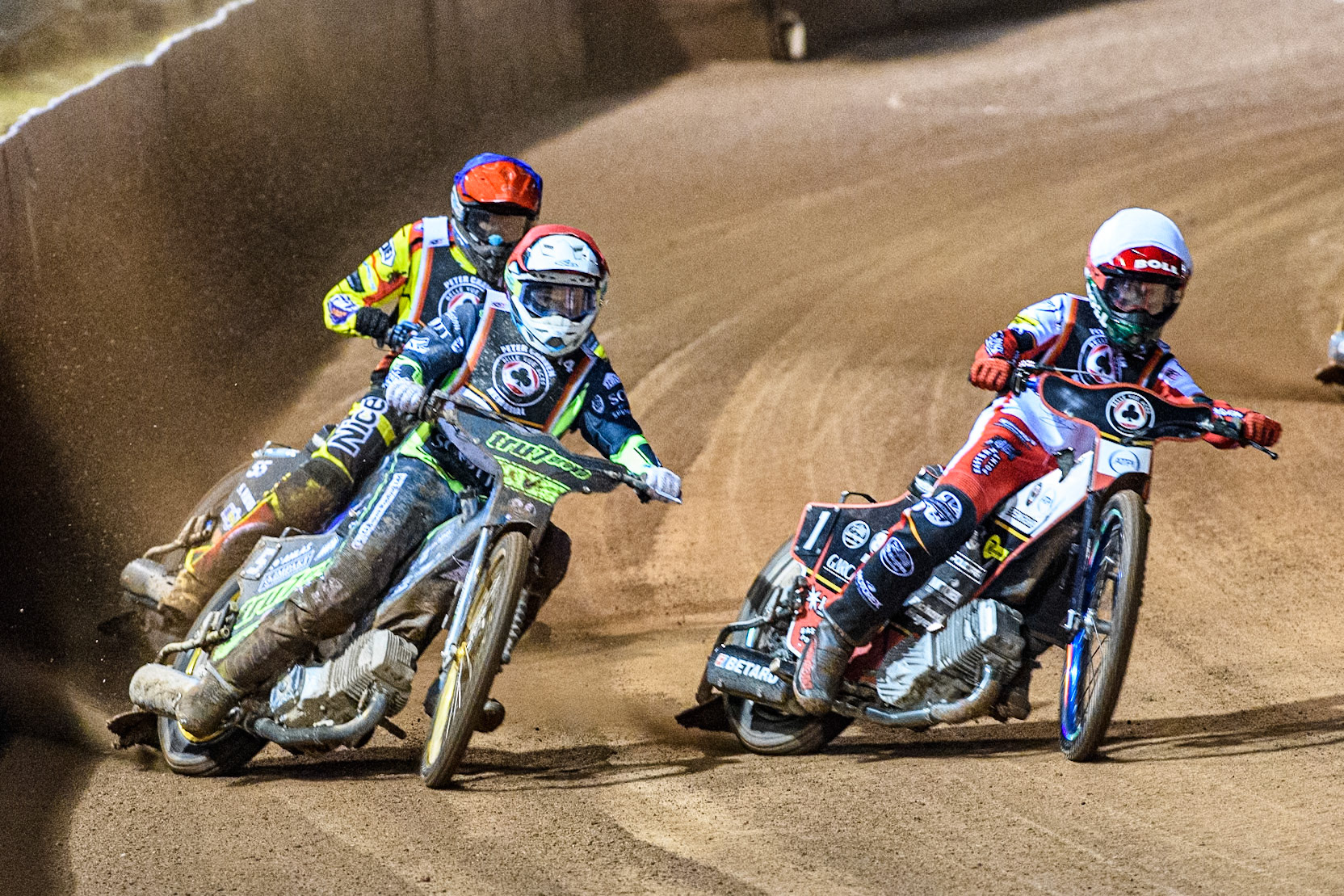 Brady Kurtz in White rides inside Jason Doyle in Red with Matej Zagar in Blue behind during the Peter Craven Memorial Trophy at the National Speedway Stadium, Manchester on Monday 17th March 2025. (Photo: Ian Charles | MI News)