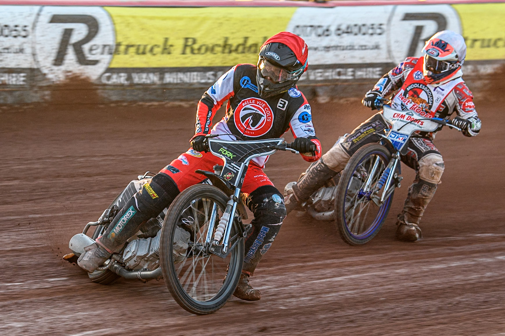 Belle Vue Colts' Matt Marson in Red leading Middlesbrough Tigers in White during the WSRA National Development League match between Belle Vue Colts and Middlesbrough Tigers at the National Speedway Stadium, Manchester on Monday 17th June 2024. (Photo: Ian Charles | MI News)