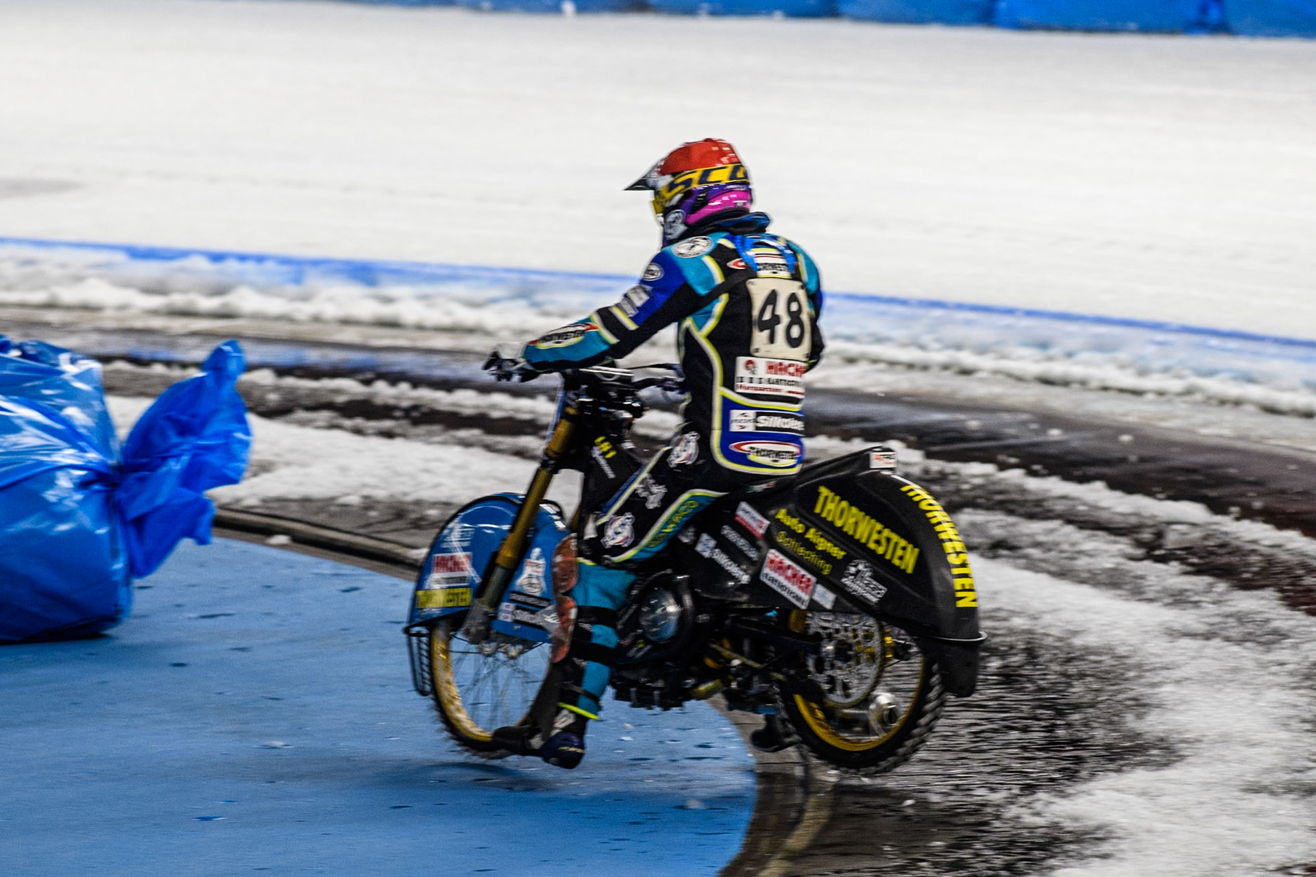 Luca Bauer (48) of Germany spins and leaves the track during the Ice Speedway Gladiators World Championship Final 1 at Max-Aicher-Arena, Inzell on Saturday 15th March 2025. (Photo: Ian Charles | MI News)