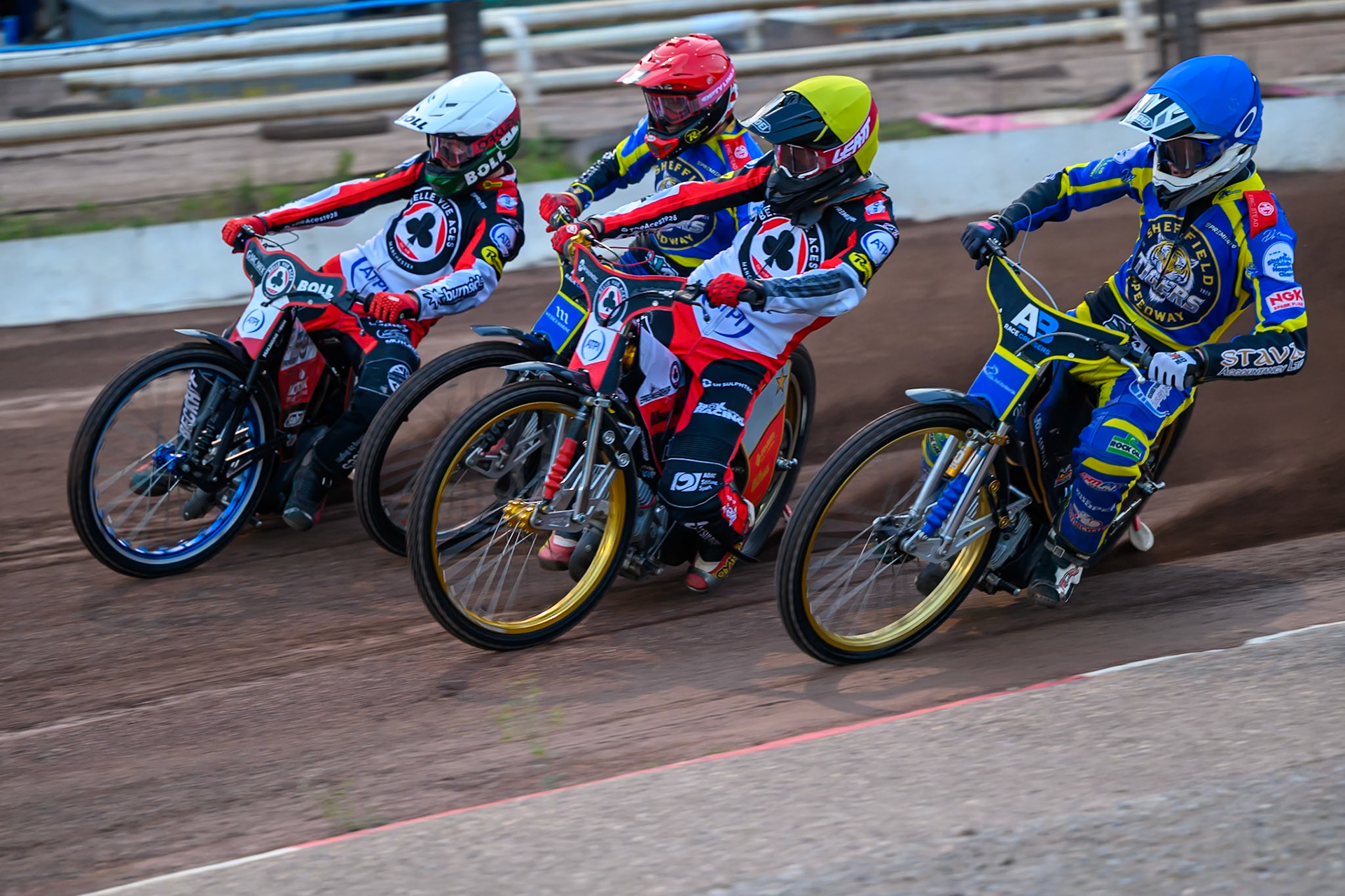 (L to R) Brady Kurtz of Belle Vue Aces in White, Max Fricke, Guest Rider for Sheffield Tigers in Red, Norick Blödorn of Belle Vue Aces in Yellow and Anders Rowe of Sheffield Tigers in Blue  during the Rowe Motor Oil Premiership match between Sheffield Tigers and Belle Vue Aces at Owlerton Stadium, Sheffield on Monday 31st August 2026. (Photo: Ian Charles | MI News)