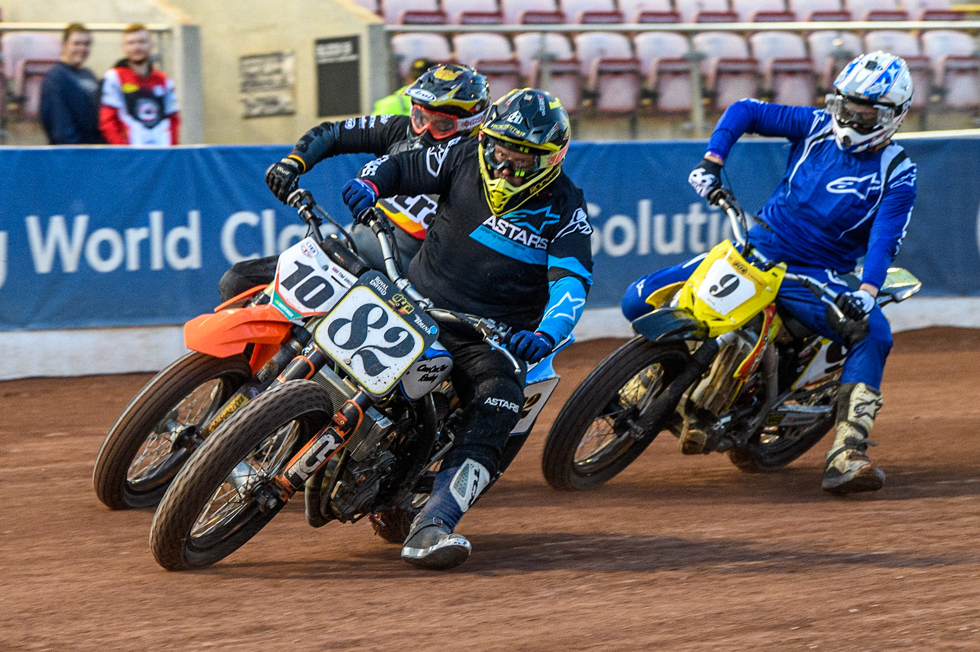 Luke Porter (82) leads Tim Grieg (10) and Archie May (9) during the Sports Insure Premiership match between Belle Vue Aces and Wolverhampton Wolves at the National Speedway Stadium, Manchester on Monday 3rd July 2023. (Photo: Ian Charles | MI News)