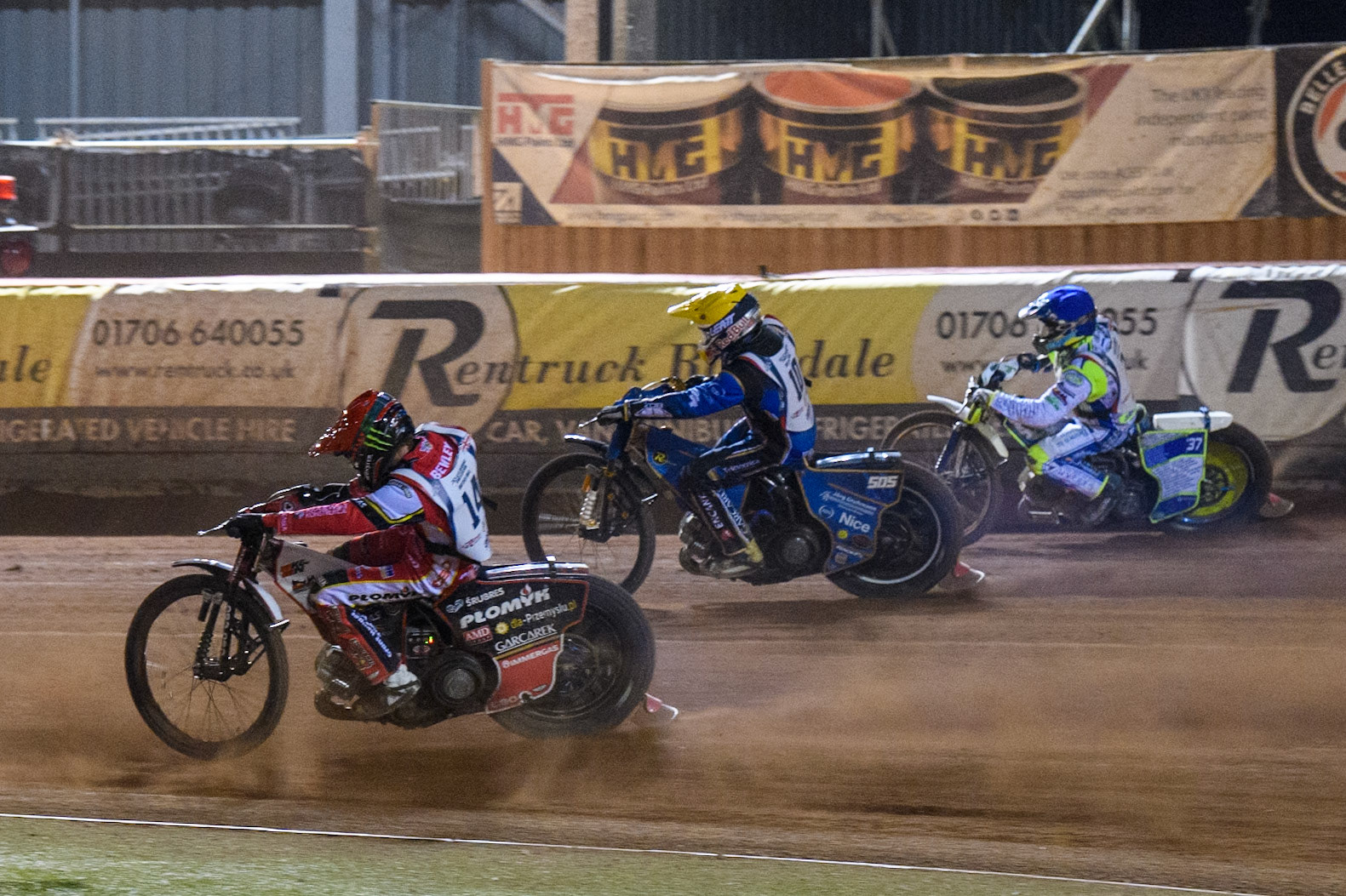 Dan Bewley in Red rides inside Robert Lambert in Yellow and Chris Harris in Blue during the Attis Insurance Sports Division British Final at the National Speedway Stadium, Manchester on Monday 12th May 2025. (Photo: Ian Charles | MI News)