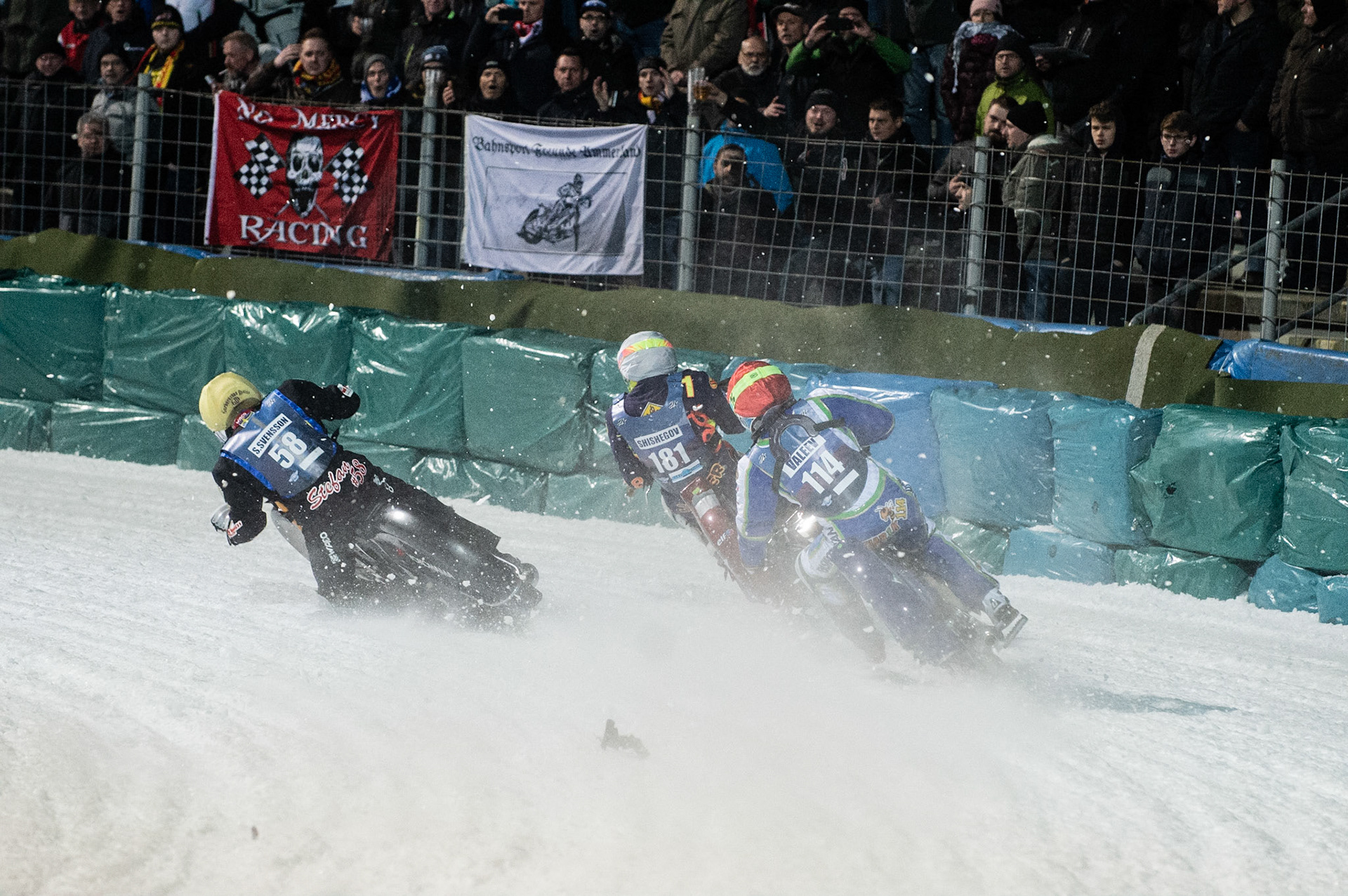Photo: Ian Charles

Stefan Svensson (58) hits a rut inside Andrei Shishegov (181) and Dinar Valeev (114) causing Shishegov to fall

FIM Ice Speedway Gladiators World Championship, Final 3.1, Horst-Dohm Eisstadion, Berlin, Germany Saturday  2  March  2019
