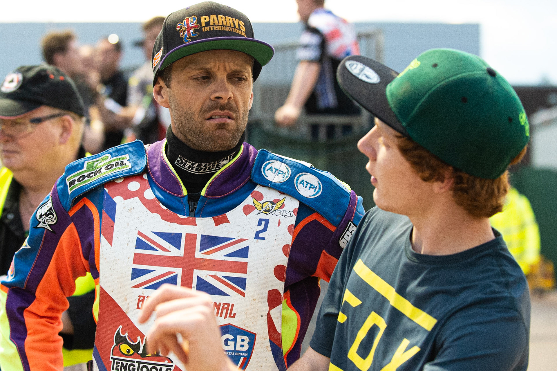 Photo: Ian Charles

Rory Schlein (left) listens to Dan Bewley after Bewley withdrew from the meeting with injury 

Sports Insure British Final,  Belle Vue National Speedway Stadium, Manchester Monday 29  July  2019