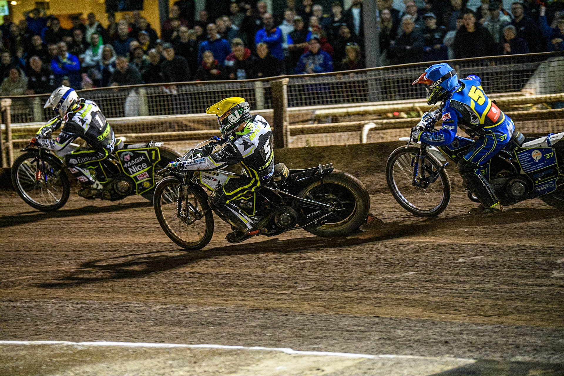 Emil Sayfutdinov (White) leads  Jason Doyle (Yellow) and Chris Harris (Blue) as the Witches take maximum heat points during the Sports Insure Premiership Grand Final Second Leg match between Sheffield Tigers and Ipswich Witches at Owlerton Stadium, Sheffield on Thursday 5th October 2023. (Photo: Ian Charles | MI News)