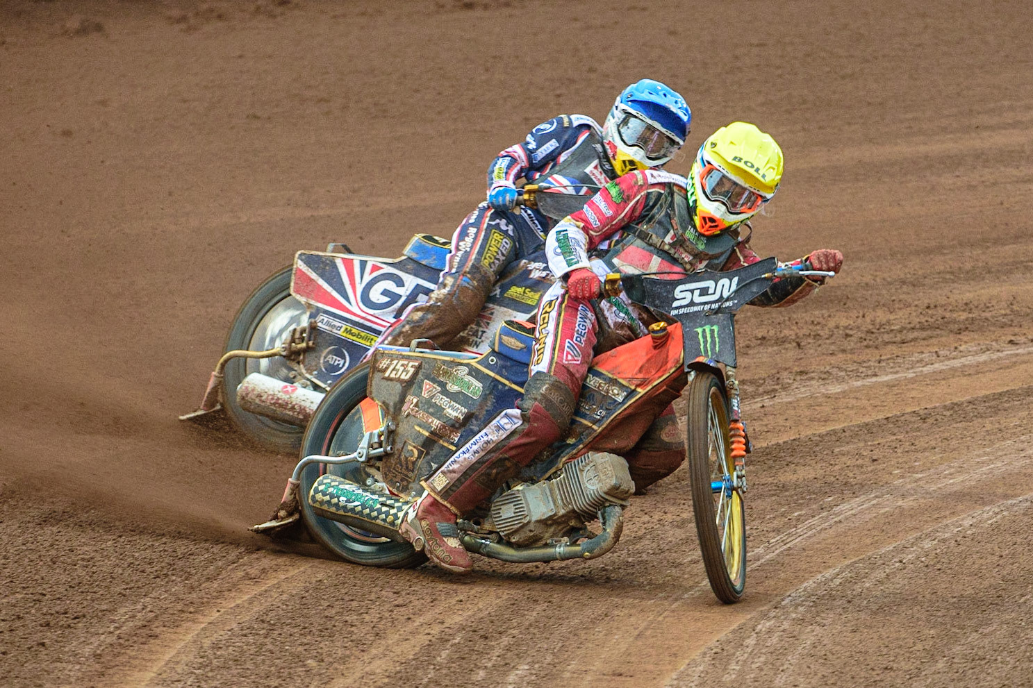 MANCHESTER, UK. OCT 17TH Mikkel Michelsen of Denmark (Yellow) leads Robert Lambert of Great Britain (Blue)  during the Monster Energy FIM Speedway of Nations at the National Speedway Stadium, Manchester on Sunday  17th October 2021. (Credit: Ian Charles | MI News)