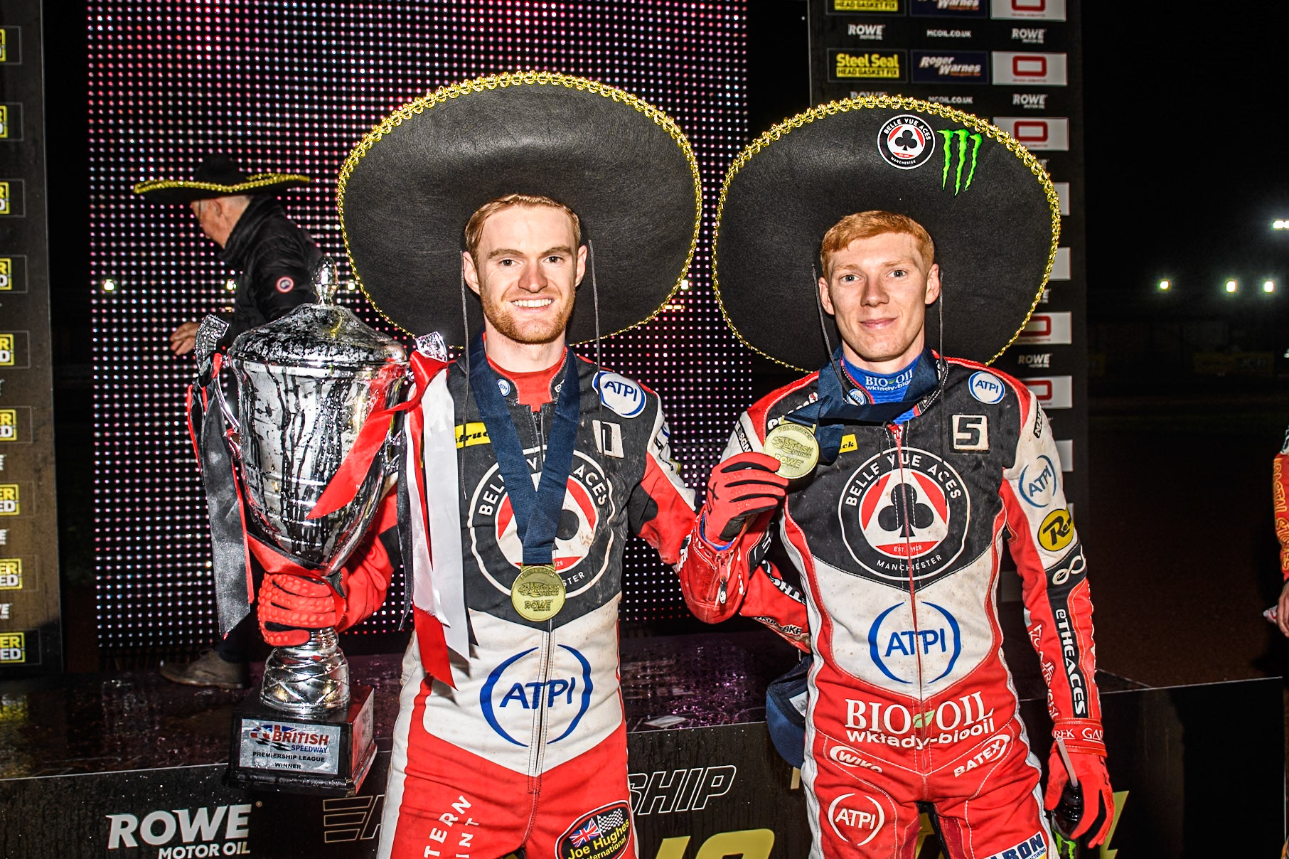 Belle Vue Aces' Brady Kurtz (Left) and team mate Dan Bewley with the trophy. They were the Aces’ top scorers in the meeting during the Rowe Motor Oil Premiership Grand Final 2nd Leg between Leicester Lions and Belle Vue Aces at the Pidcock Motorcycles Arena, Leicester on Thursday 26th September 2024. (Photo: Ian Charles | MI News)