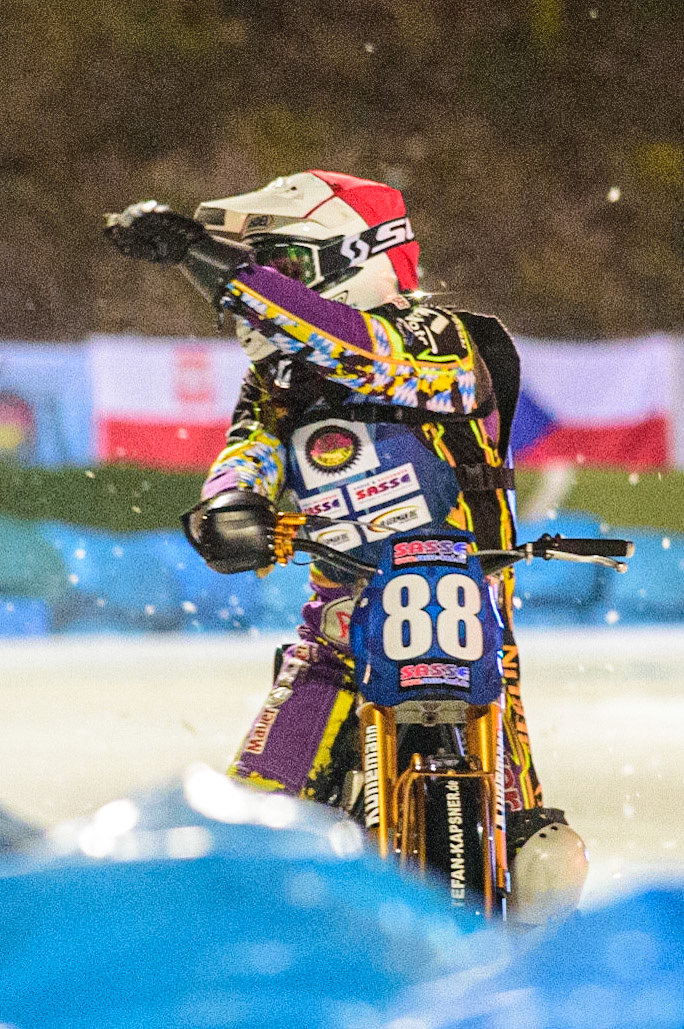 Max Neidermaier Celebrates winning the Ice Speedway For Europe Meeting  during the German Individual Ice Speedway Championship at Horst-Dohm-Eisstadion, Berlin on Friday 3rd March 2023. (Photo: Ian Charles | MI News)