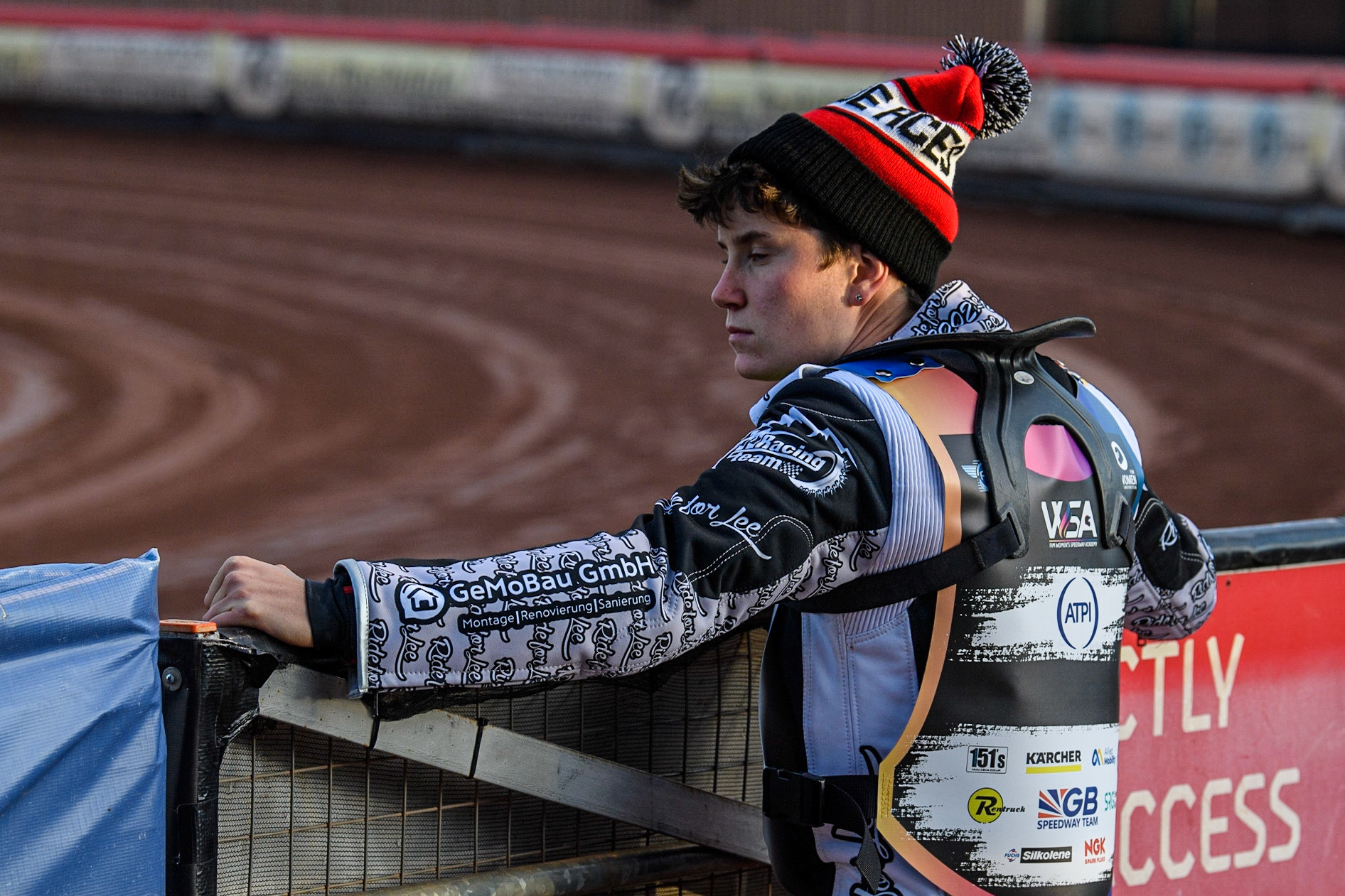 Celina Liebmann checks the track before her demonstration rides during the Sports Insure Premiership match between Belle Vue Aces and Wolverhampton Wolves at the National Speedway Stadium, Manchester on Monday 3rd July 2023. (Photo: Ian Charles | MI News)