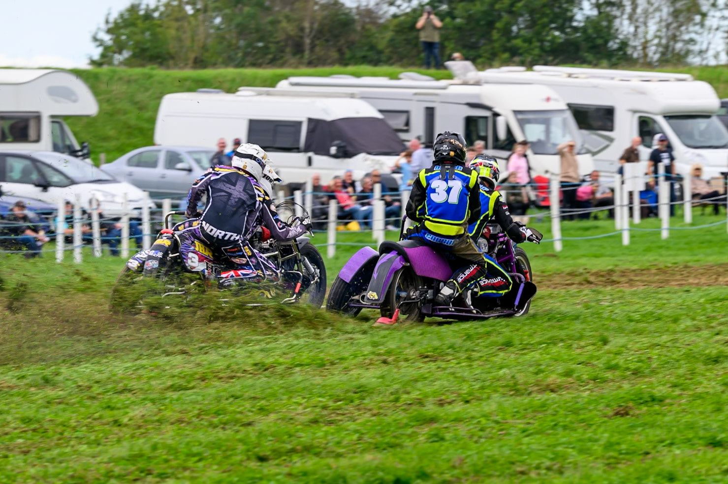 British Masters 1000cc Sidecars: John Hand/Adrian North (3) rides outside Mark Cossar/Wayne Rickards (37)  during the British Masters Grasstrack Championship at Lower Marsh Farm, Much Hoole, Preston in Lancashire, England on Sunday 13th September 2026. (Photo: Ian Charles | MI News)