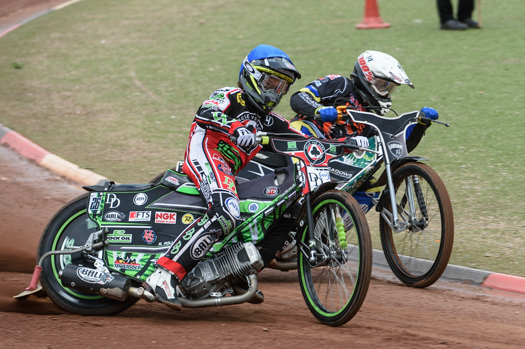 MANCHESTER, UK. AUGUST 30TH Charles Wright  (Blue) outside Richard Lawson (White) during the SGB Premiership match between Belle Vue Aces and Wolverhampton Wolves at the National Speedway Stadium, Manchester on Monday 30th August 2021. (Credit: Ian Charles | MI News)