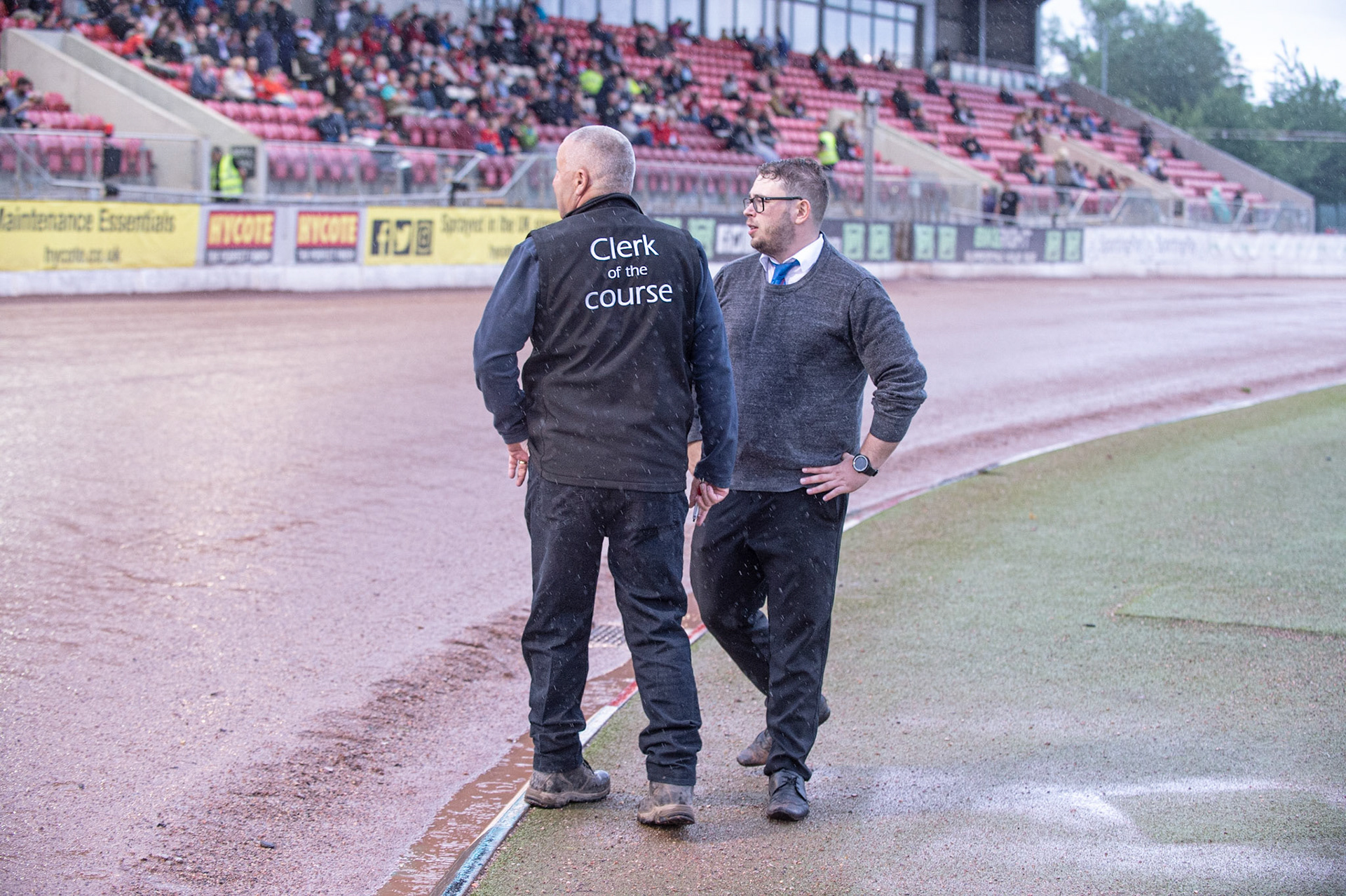 Photo: Ian Charles

Referee Seth Perkins (right) with Clerk of the Course Steve Wignall inspecting the Belle Vue Track

Belle Vue Colts v Kent Kings, SGB National League, Belle Vue National Speedway Stadium, Manchester, Thursday 1  August  2019