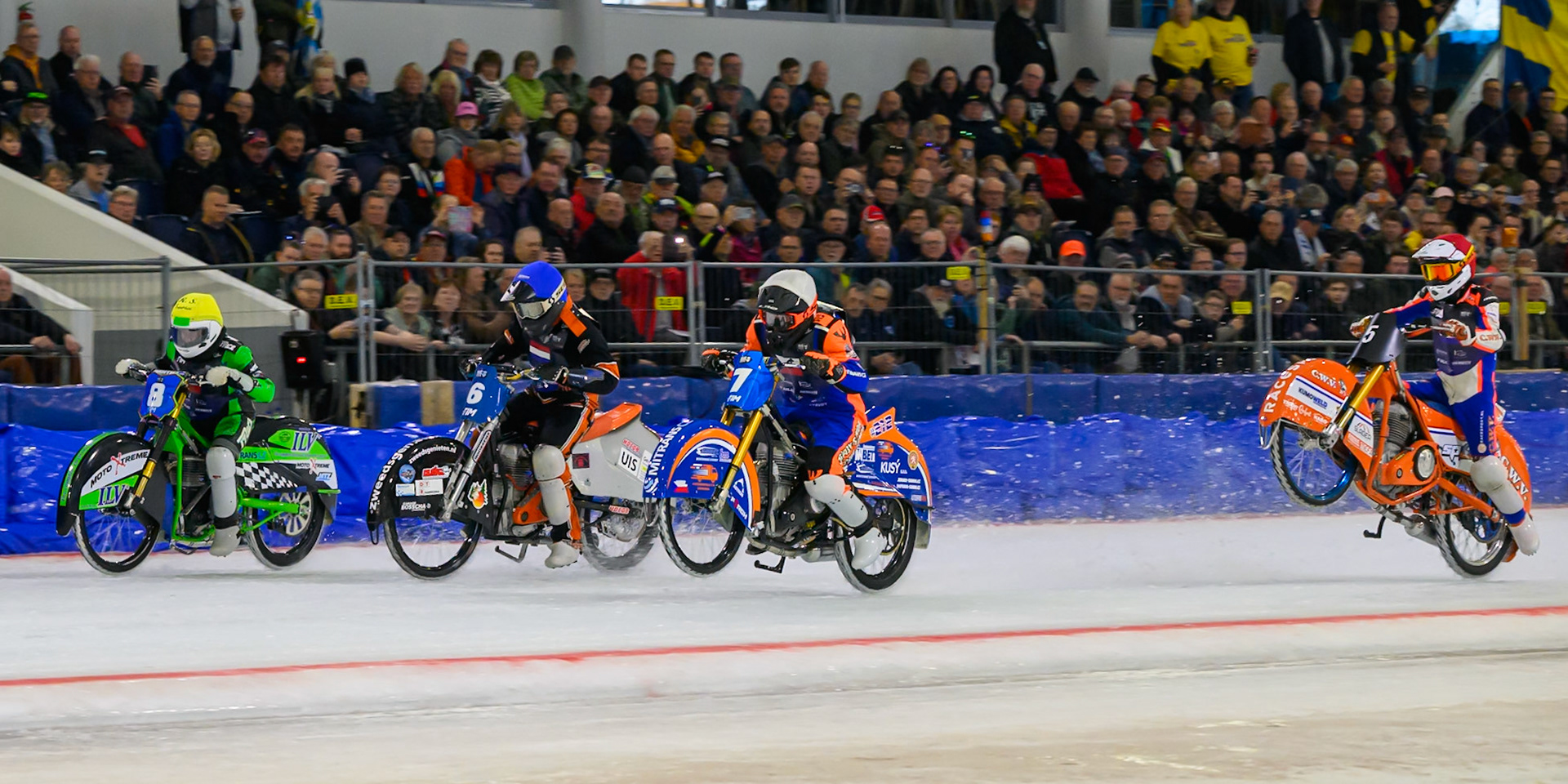 Netherlands v Czechia: (L to R) Andrej Diviš (8) of Czechia in Yellow, Sebastian Reitsma (6) of The Netherlands  in Blue, Lukáš Hutla (7) of Czechia in Yellow, Jasper Iwema (5) of The Netherlands in Red during the FIM Ice Speedway Of Nations at Ice Rink Thialf, Heerenveen on Sunday 12th April 2026. (Photo: Ian Charles | MI News)