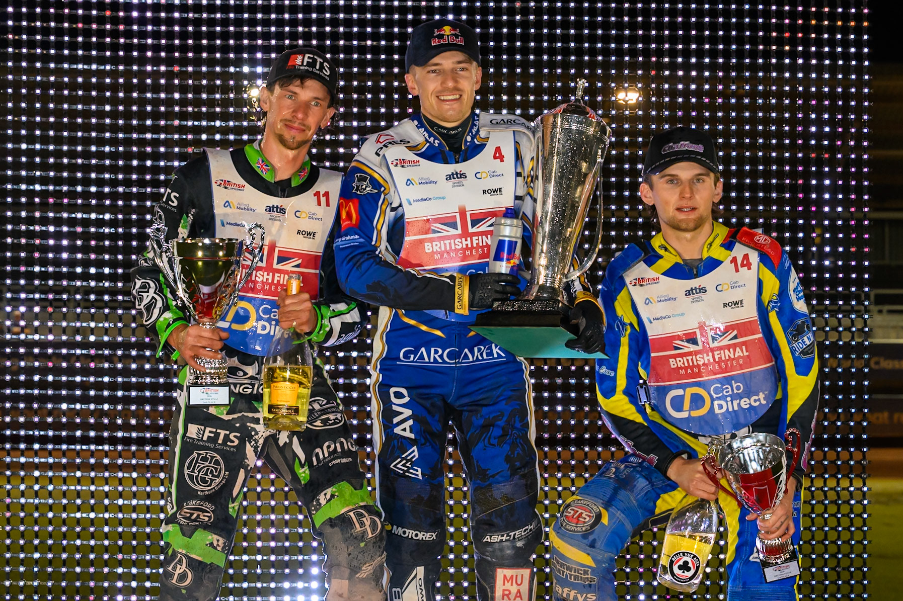 Top3: (L to R)  Charles Wright (2nd), Robert Lambert (Winner), Leon Flint (3rd) during the Cab Direct British Speedway Championship Final at the National Speedway Stadium, Manchester on Saturday 15th August 2026. (Photo: Ian Charles | MI News)