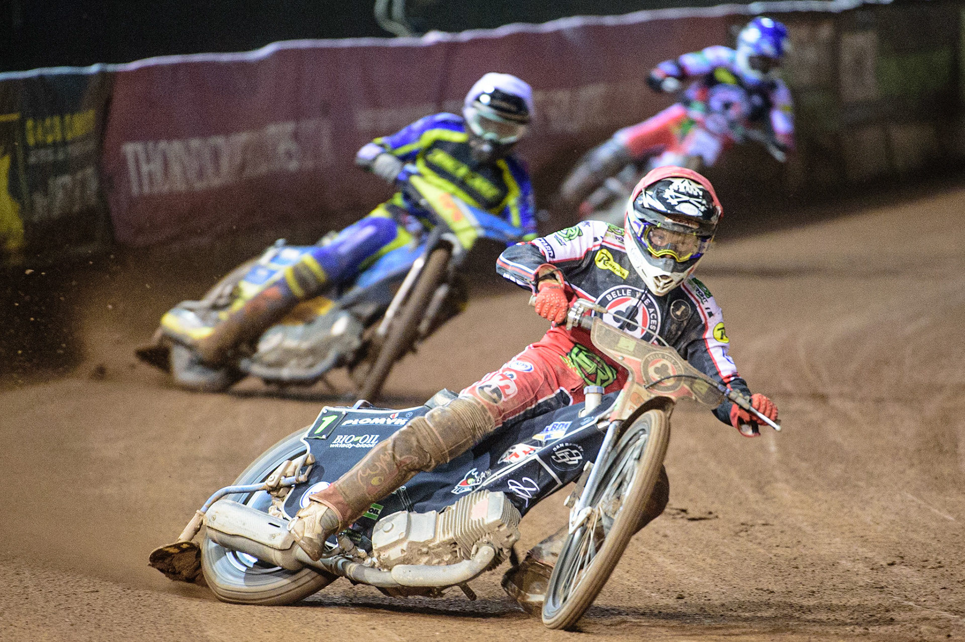 MANCHESTER, UK. OCT 7TH  Dan Bewley  (Red) \lk\ Adam Ellis  (White) and Richie Worrall  (Blue) during the SGB Premiership Play off Semi-Final Second Leg between Belle Vue Aces and Sheffield Tigers at the National Speedway Stadium, Manchester on Thursday 7th October 2021. (Credit: Ian Charles | MI News)