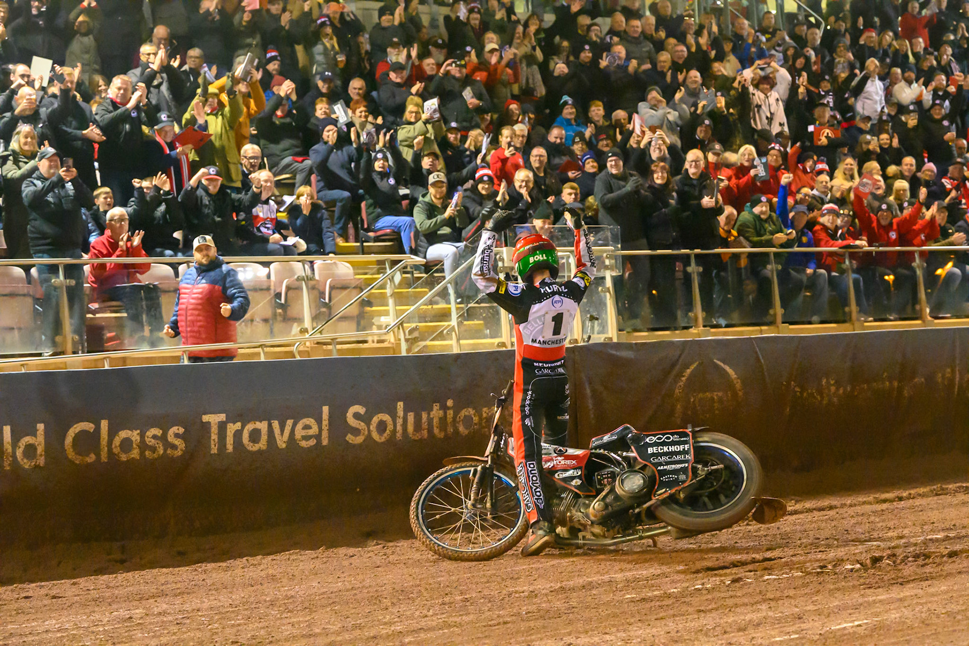Brady Kurtz of Belle Vue Aces   celebrates with the fans during the Rowe Motor Oil Premiership Grand Final 2nd Leg between Belle Vue Aces and Sheffield Tigers at the National Speedway Stadium, Manchester on Friday 16th October 2026. (Photo: Ian Charles | MI News)