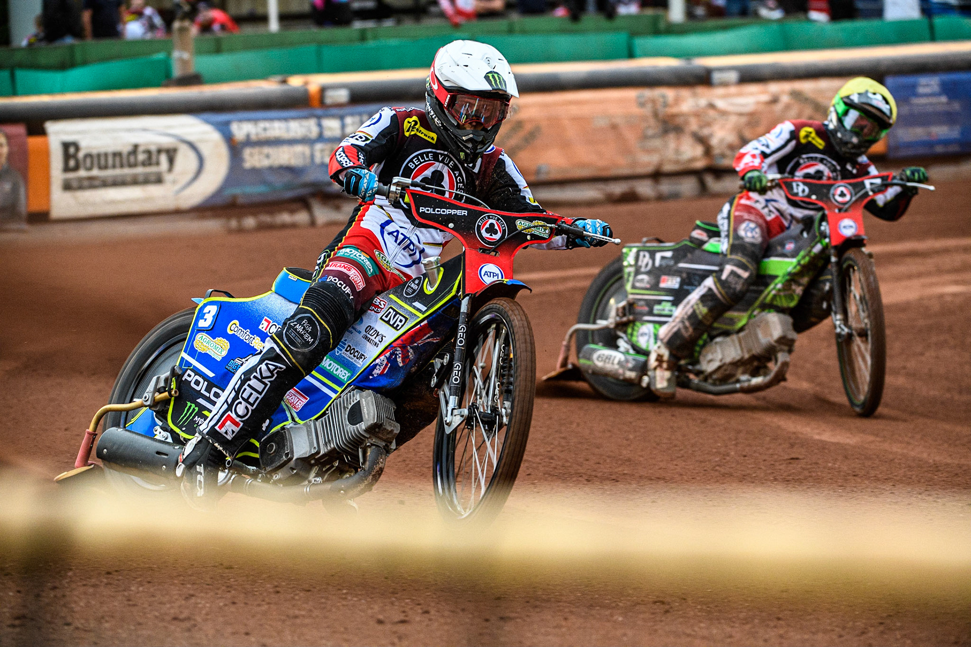 Jaimon Lidsey (White) leads team mate Charles Wright (Yellow) during the Sports Insure Premiership match between Wolverhampton Wolves and Belle Vue Aces at Monmore Green Stadium, Wolverhampton on Monday 10th July 2023. (Photo: Ian Charles | MI News)