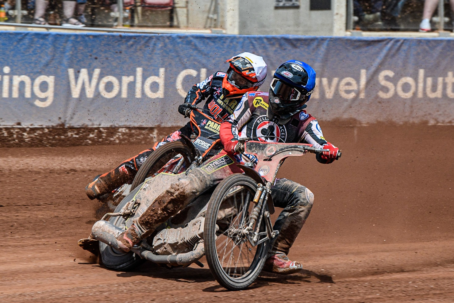 Charles Wright (Blue) inside Rory Schlein (White) during the Sports Insure Premiership match between Belle Vue Aces and Wolverhampton Wolves at the National Speedway Stadium, Manchester on Monday 29th May 2023. (Photo: Ian Charles | MI News)
