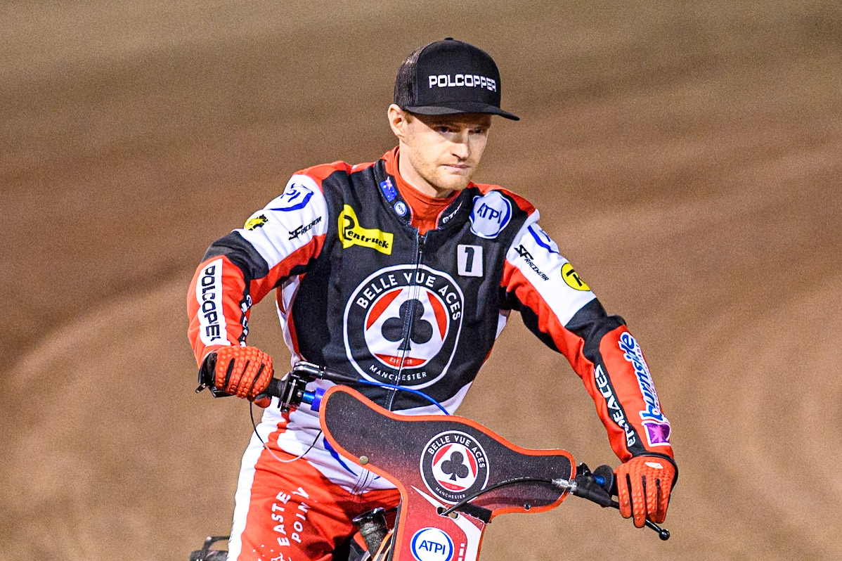 Belle Vue Aces' Brady Kurtz  on the parade lap during the Rowe Motor Oil Premiership Play Off Semi Final 2nd leg between Sheffield Tigers and Belle Vue Aces at Owlerton Stadium, Sheffield on Thursday 19th September 2024. (Photo: Ian Charles | MI News)