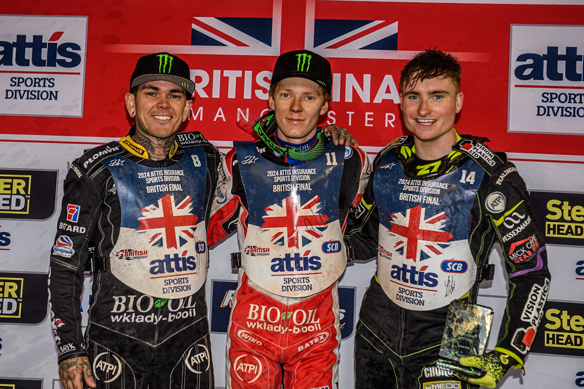 British Final Top3: (L to R) Tai Woffinden (2nd), Dan Bewley(Champion), Tom Brennan (3rd) during the Attis Insurance Sports Division British Speedway Championship Final at the National Speedway Stadium, Manchester on Saturday 8th June 2024. (Photo: Ian Charles | MI News)