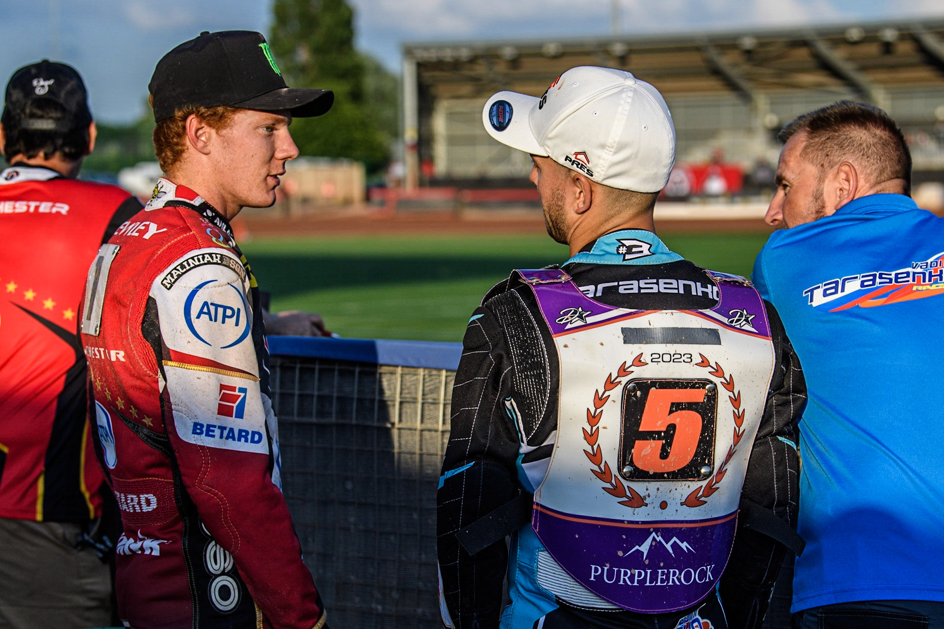 Dan Bewley (left) chats with Vadim Tarasenko during the Sports Insure Premiership match between Belle Vue Aces and Peterborough at the National Speedway Stadium, Manchester on Monday 19th June 2023. (Photo: Ian Charles | MI News)