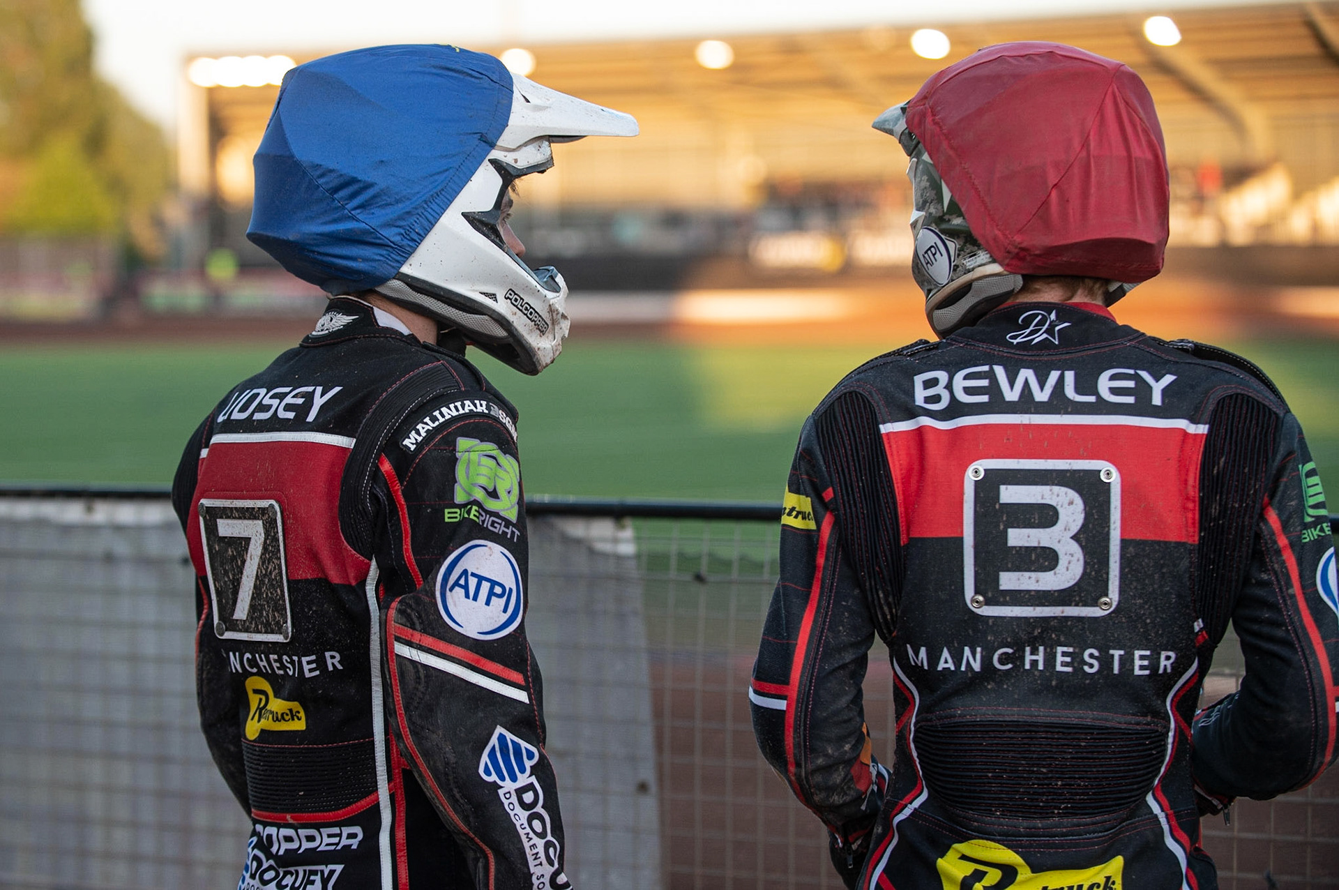 Photo: Ian Charles

Jaimon Lidsey  (left) and Dan Bewley  survey the track

Belle Vue Aces v Swindon Robins, British Speedway Premiership, Belle Vue National Speedway Stadium, Manchester, Monday 20  May  2019