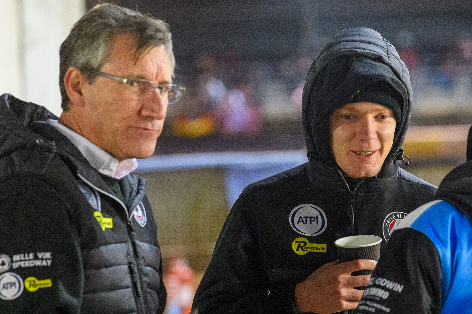 Belle Vue Aces' Team Manager, Mark Lemon (Left) with Belle Vue Aces' Dan Bewley during the Rowe Motor Oil Premiership match between Belle Vue Aces and Oxford Spires at the National Speedway Stadium, Manchester on Monday 14th April 2025. (Photo: Ian Charles | MI News)