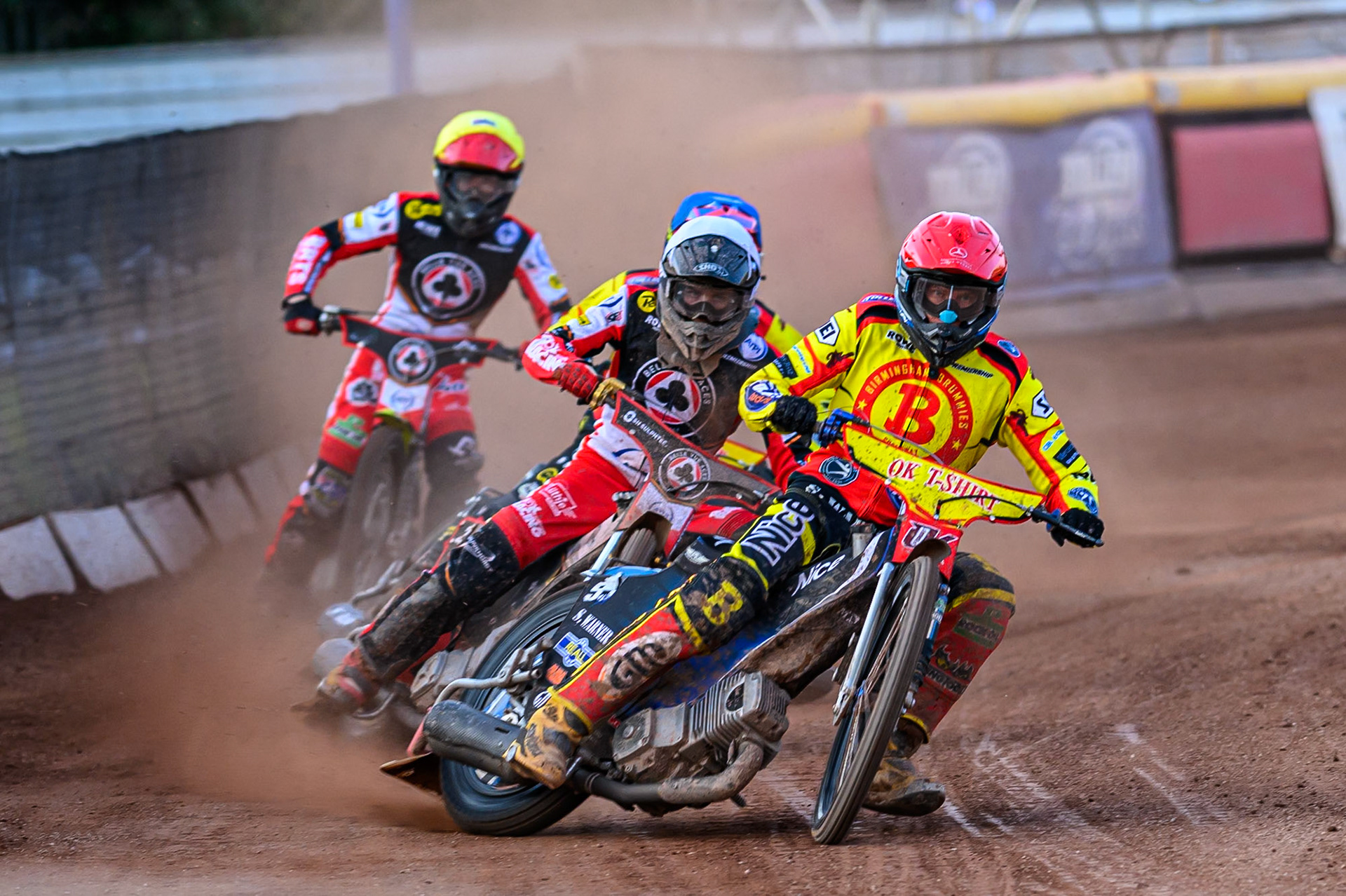 Birmingham Brummies' Matej Zagar in Red leading Belle Vue Aces' Norick Blodorn in White, Birmingham Brummies' Jonas Jeppesen in Blue and Belle Vue Aces' Tate Zischke in Yellow during the Rowe Motor Oil Premiership match between Birmingham Brummies and Belle Vue Aces at Perry Bar Stadium, Birmingham on Monday 2nd June 2025. (Photo: Ian Charles | MI News)