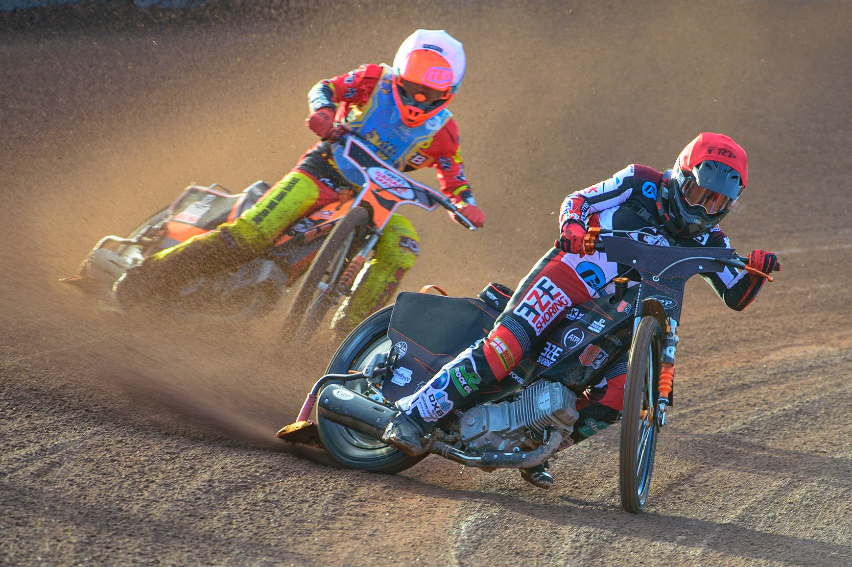 MANCHESTER, UK. MAY 27TH Jack Smith  (Red) leads Connor Coles (White) during the National Development League match between Belle Vue Colts and Armadale Devils at the National Speedway Stadium, Manchester on Friday 27th May 2022. (Credit: Ian Charles | MI News)
