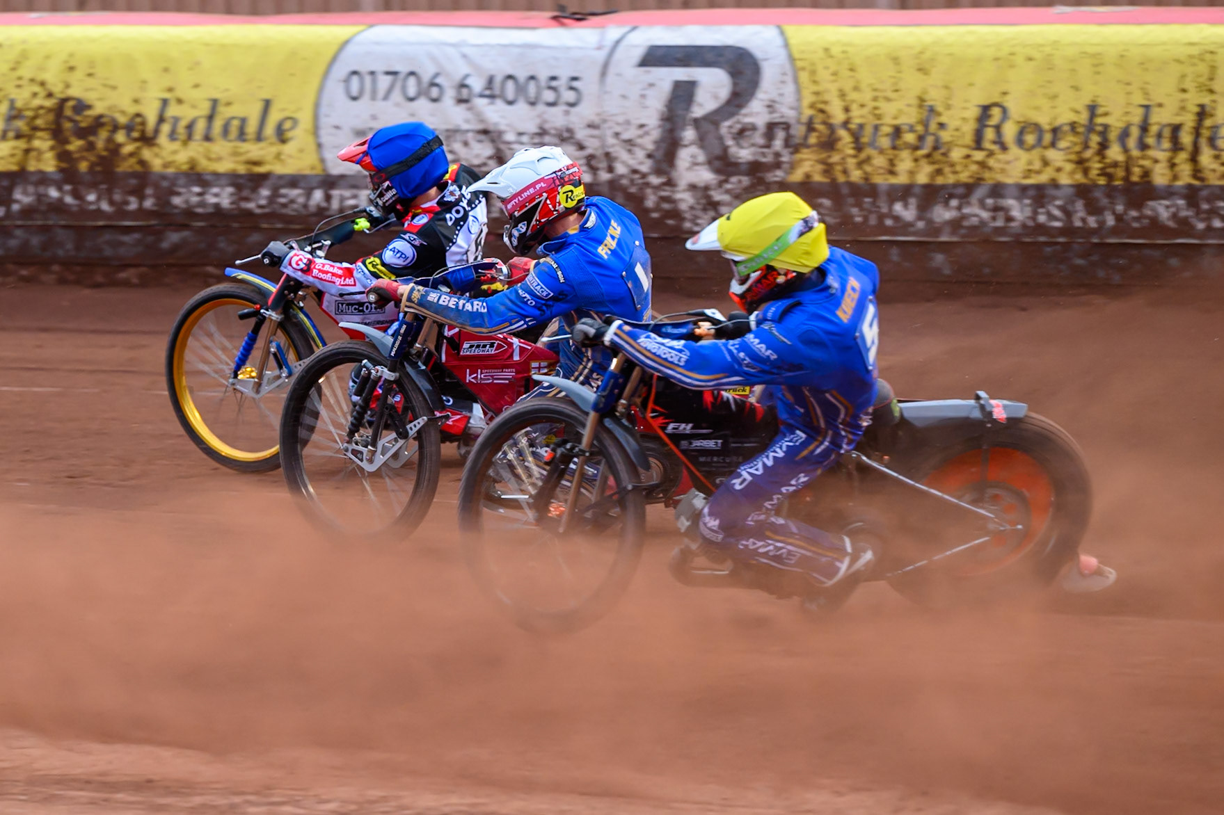 Jan Kvech of Kings Lynn Stars in Yellow on the inside ofMax Fricke of Kings Lynn Stars in White  andJason Doyle of Belle Vue Aces in Blue during the Rowe Motor Oil Premiership match between Belle Vue Aces and King's Lynn Stars at the National Speedway Stadium, Manchester on Monday 29th June 2026. (Photo: Ian Charles | MI News)