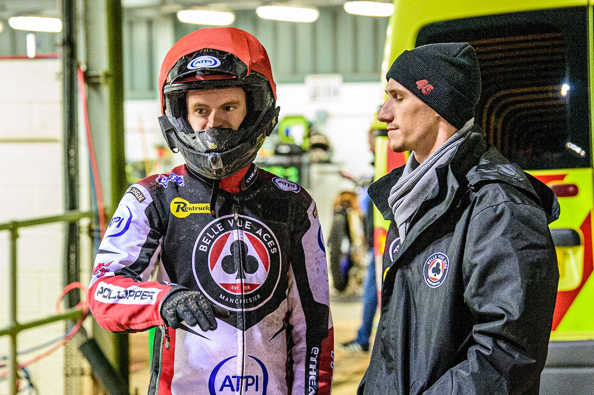 Brady Kurtz  (left) chats with injured Aces rider Max Fricke during the SGB Premiership Grand Final 1st leg between Belle Vue Aces and Sheffield Tigers at the National Speedway Stadium, Manchester on Monday 10th October 2022. (Credit: Ian Charles | MI News)