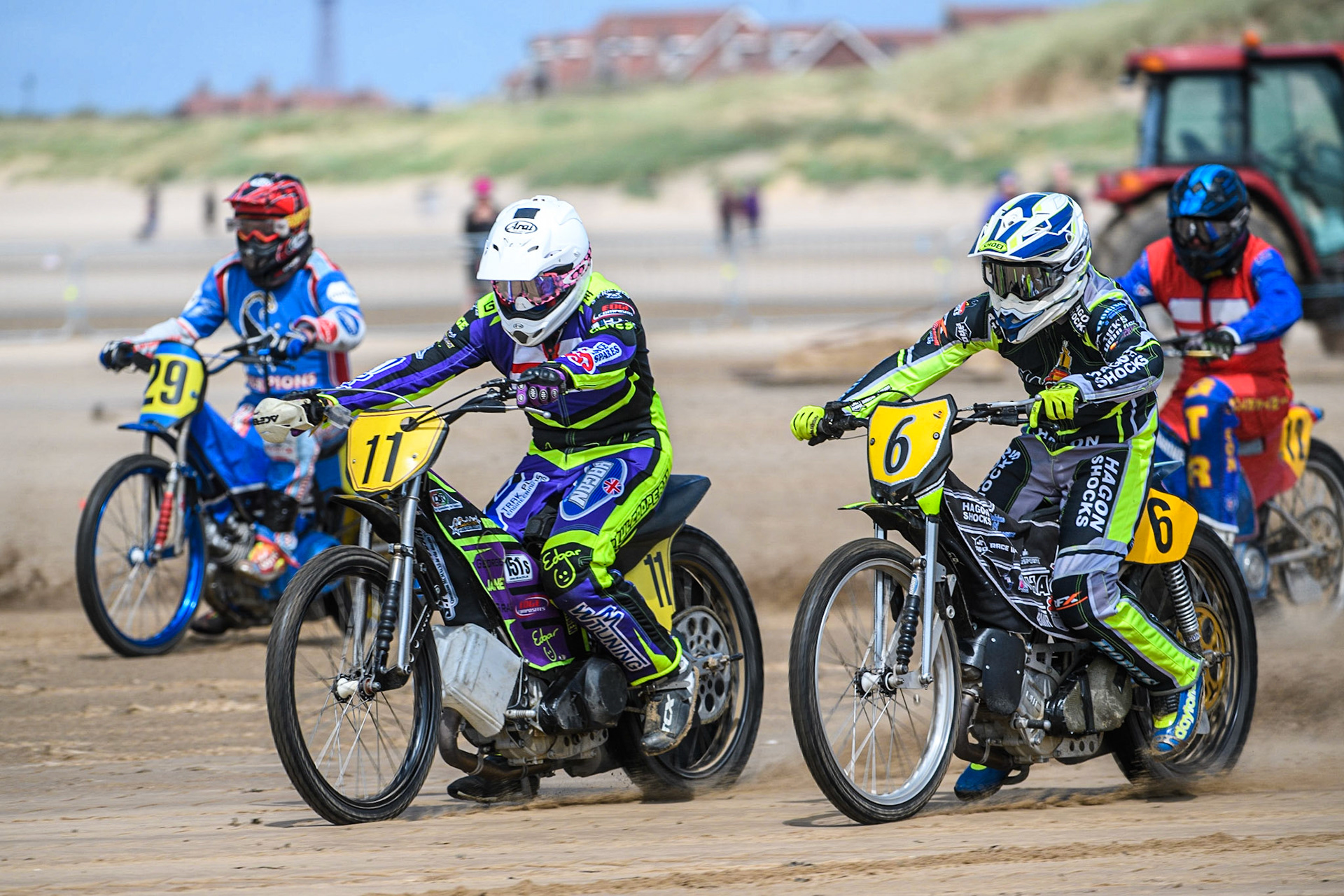 Paul Cooper (11) leads Edward Kennett (6) Mark Wrathall (29) and Daniel Winterton (12) in the opening heat during the Fylde ACU British Sand Racing Masters Championship at  St Annes on Sea, Lancashire on Sunday 30th July 2023. (Photo: Ian Charles | MI News)
