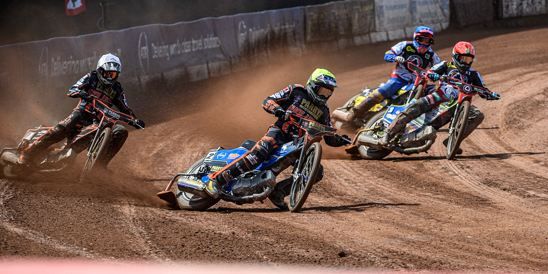 Steve Worrall (Yellow) leads Sam Masters (White) Jaimon Lidsey (Red) and Paco Castagna (Blue) during the Sports Insure Premiership match between Belle Vue Aces and Wolverhampton Wolves at the National Speedway Stadium, Manchester on Monday 29th May 2023. (Photo: Ian Charles | MI News)