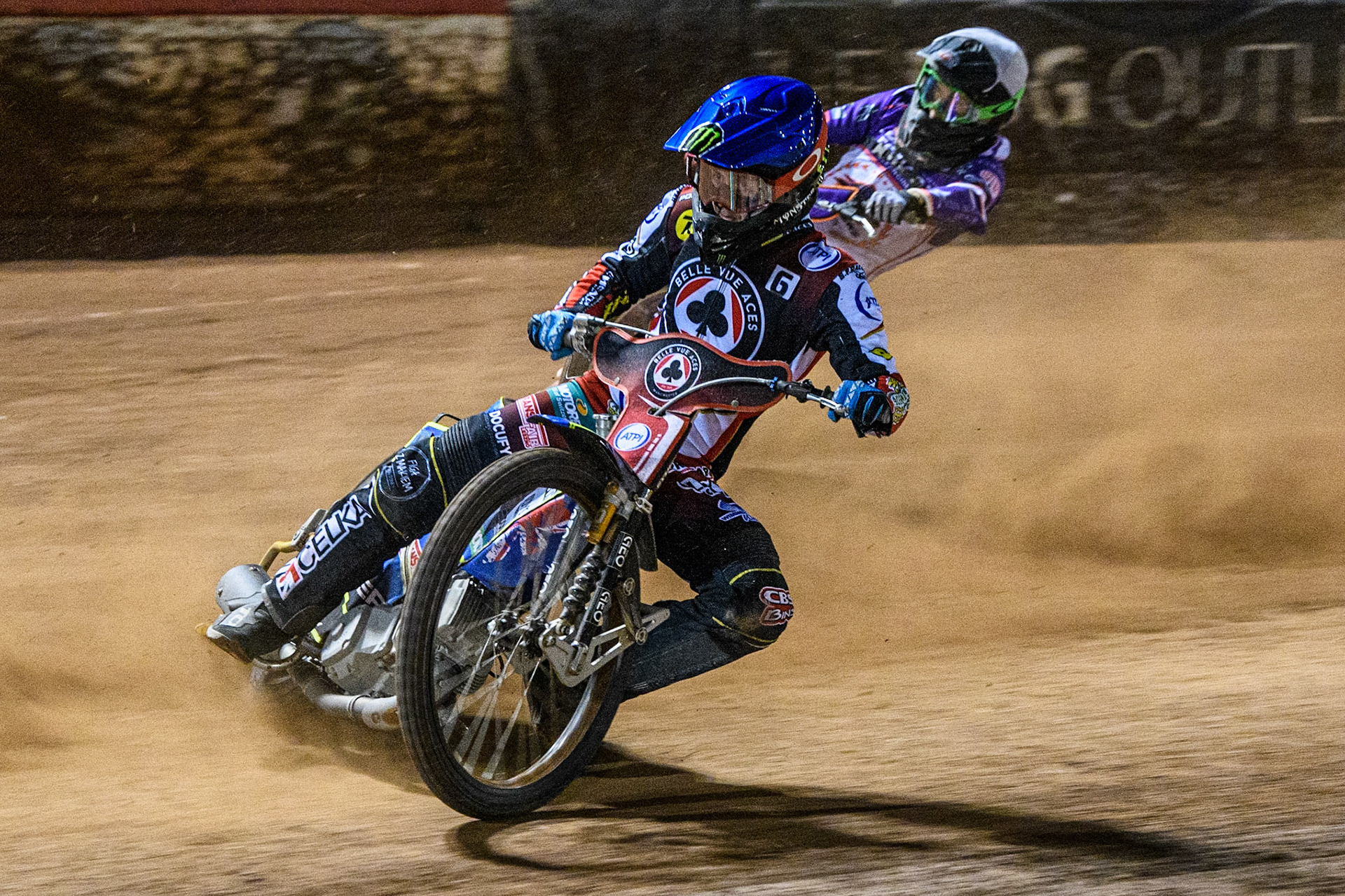 Jaimon Lidsey  (Blue) leads Benjamin Basso  (White) during the SGB Premiership match between Belle Vue Aces and Peterborough at the National Speedway Stadium, Manchester on Monday 24th April 2023. (Photo: Ian Charles | MI News)