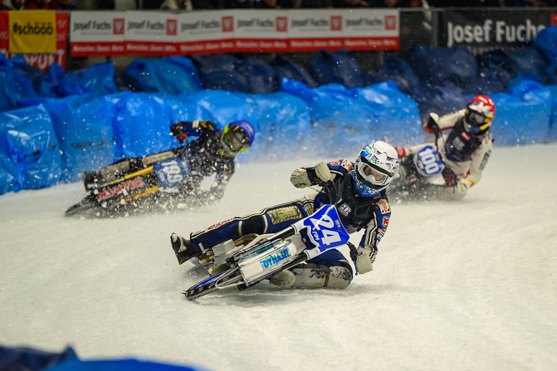 Max Koivula (24) of Finland in White leading Martin Haarahiltunen (199) of Sweden in Blue and Franz Zorn (100) of Austria  in Red during the Ice Speedway Gladiators World Championship Final 1 at Max-Aicher-Arena, Inzell on Saturday 14th March 2026. (Photo: Ian Charles | MI News)
