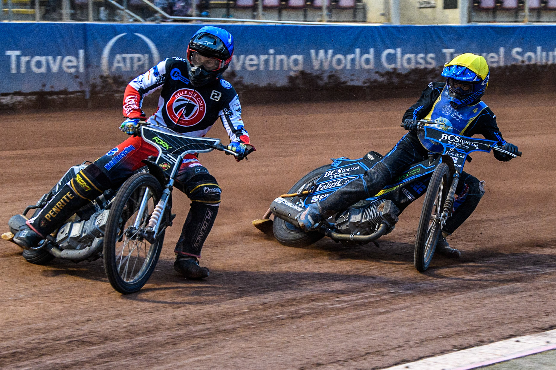 Matt Marson (Blue) leads Ashton Boughen (Yellow) during the National Development League match between Belle Vue Colts and Edinburgh Monarchs Academy at the National Speedway Stadium, Manchester on Friday 21st July 2023. (Photo: Ian Charles | MI News)