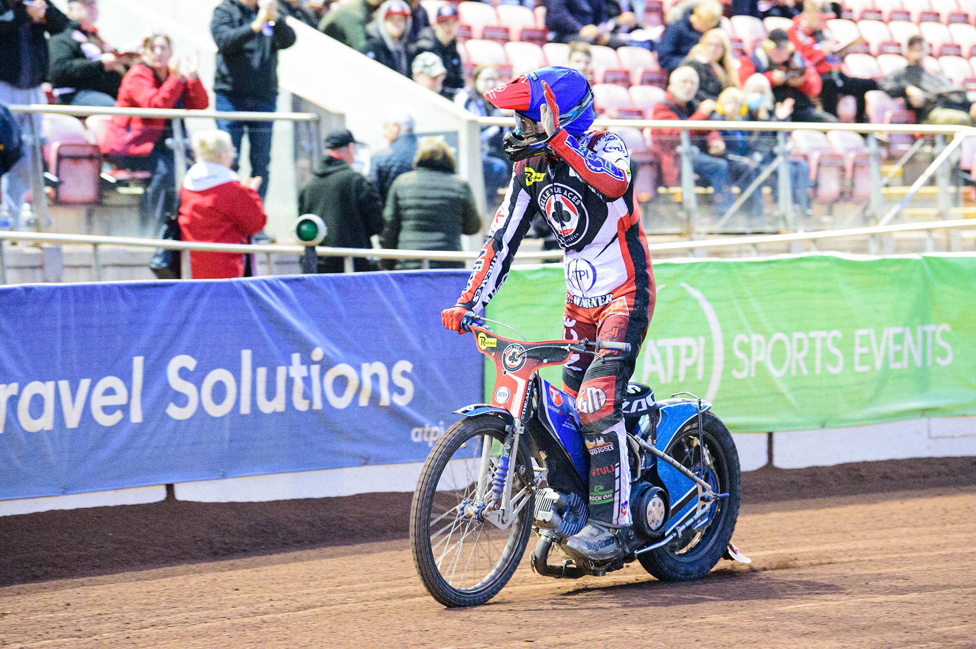 Matej Zagar waves to the crowd after his heat win during the SGB Premiership match between Belle Vue Aces and Peterborough at the National Speedway Stadium, Manchester on Monday 25th July 2022. (Credit: Ian Charles | MI News