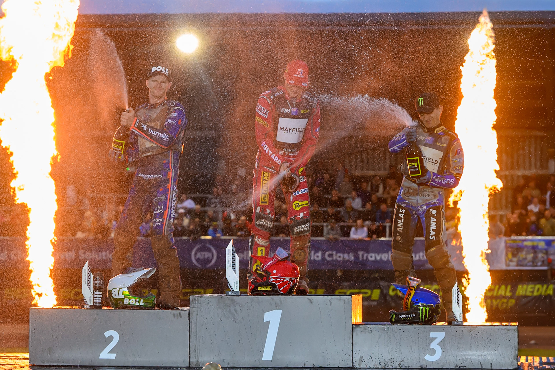 Champagne capers on the Rostrum during the ATPI  FIM Speedway GP of Manchester at the National Speedway Stadium, Manchester on Friday 5th June 2026. (Photo: Ian Charles | MI News)