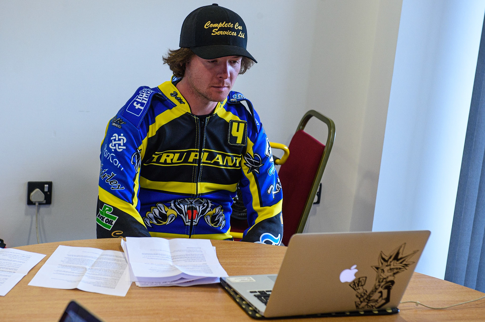 Photo: Ian CharlesKyle Howarth chats on the zoom callDiscovery Networks Eurosport Speedway Season Launch, National Speedway Stadium, Manchester Wednesday  12  May  2021