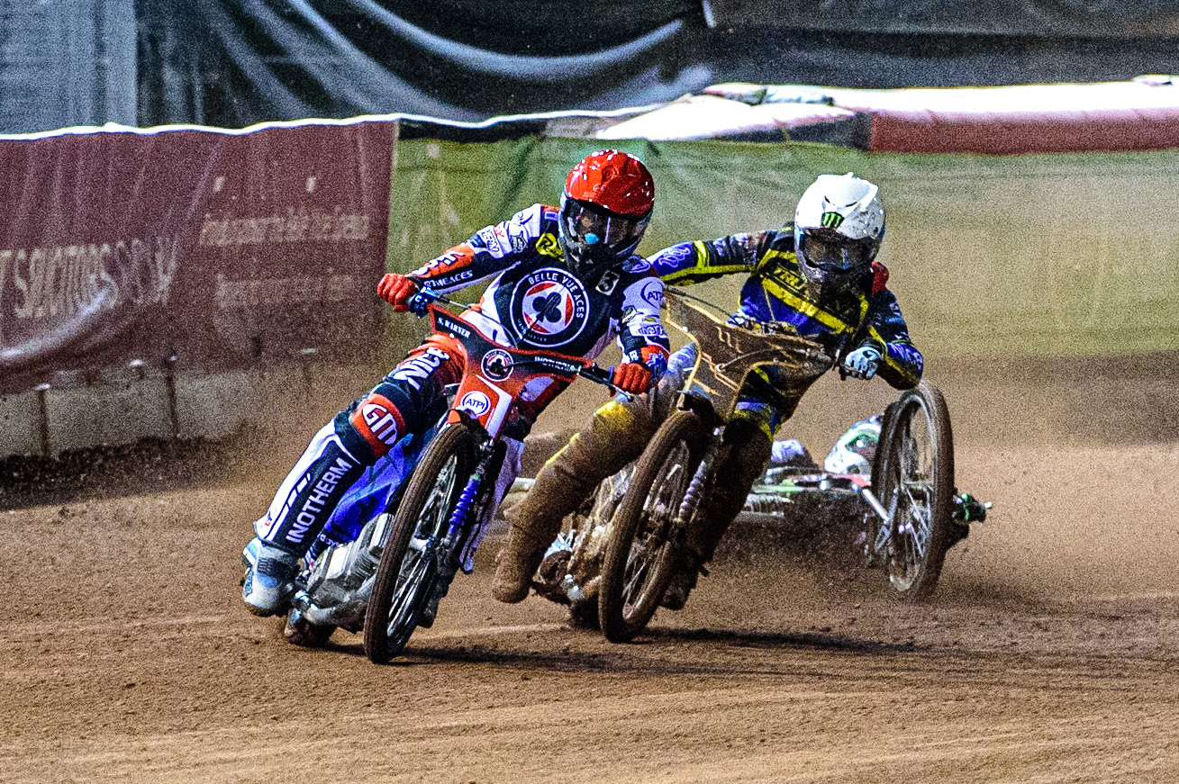 Jack Holder  (White) collides with Charles Wright  (Blue) behind Matej Zagar  (Red) during the SGB Premiership Grand Final 1st leg between Belle Vue Aces and Sheffield Tigers at the National Speedway Stadium, Manchester on Monday 10th October 2022. (Credit: Ian Charles | MI News)