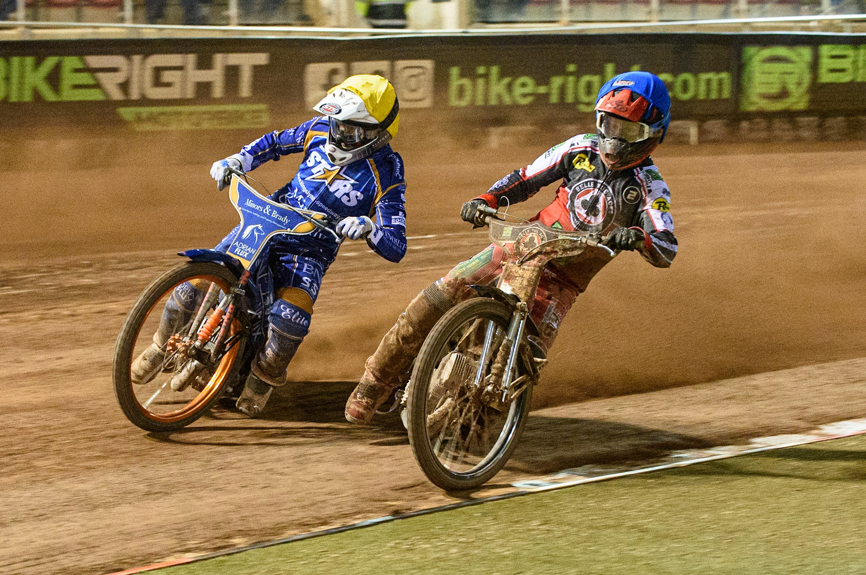 MANCHESTER, UK. SEPT 13TH  Jye Etheridge  (Blue) inside Lewis Kerr  (Yellow) during the SGB Premiership match between Belle Vue Aces and King's Lynn Stars at the National Speedway Stadium, Manchester on Monday 13th September 2021. (Credit: Ian Charles | MI News)