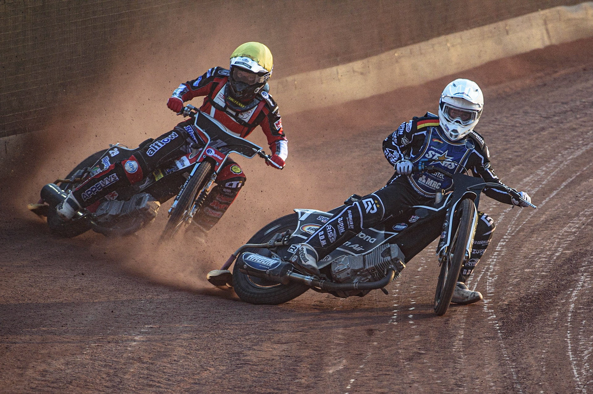 GLASGOW, UK. JUNE 19TH.  Erik Riss (Germany) (White) leads Nicolai Klindt (Denmark) (Yellow) during the FIM Speedway Grand Prix Qualifying Round at the Peugeot Ashfield Stadium, Glasgow on Saturday 19th June 2021. (Credit: Ian Charles | MI News)