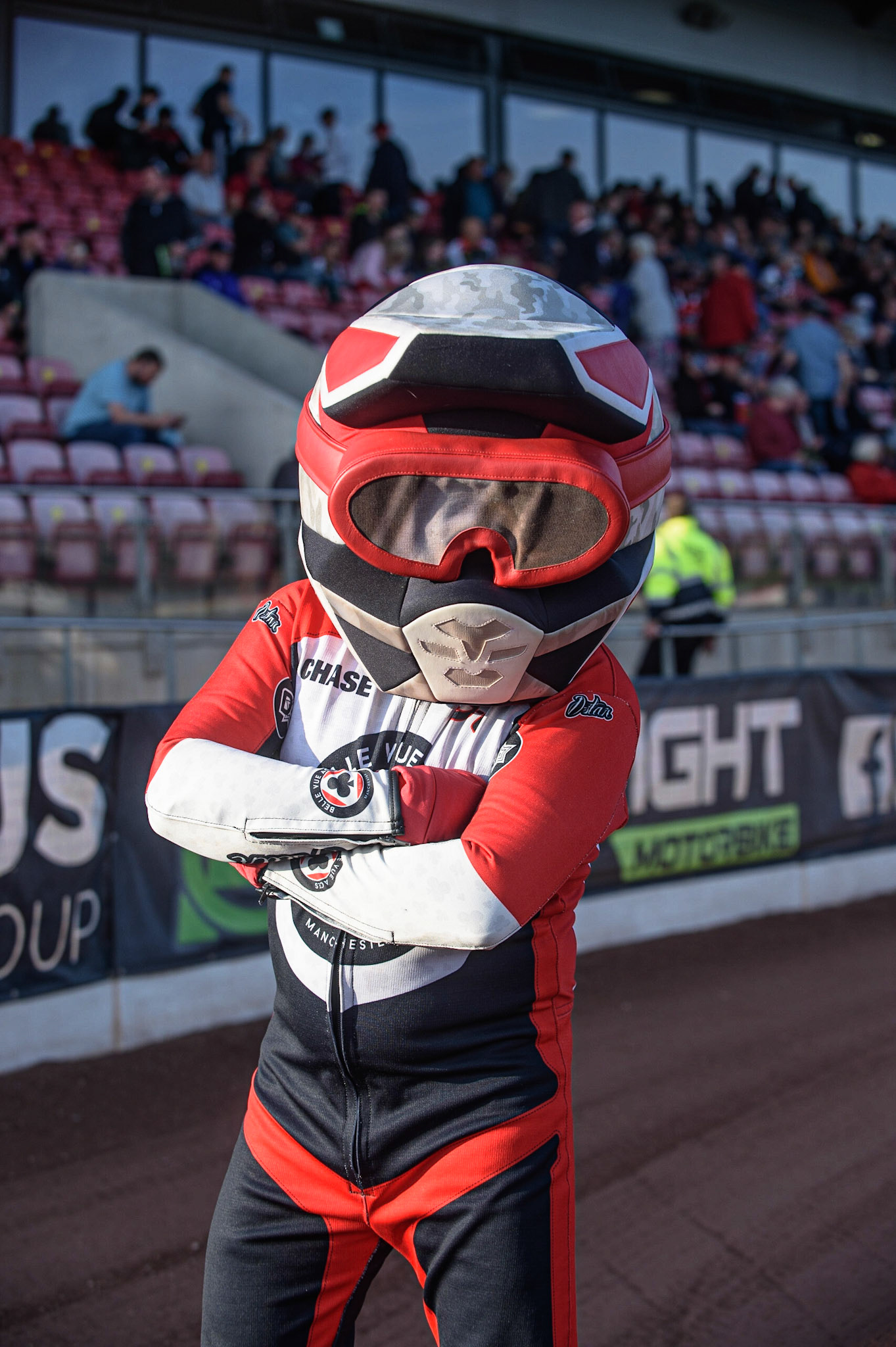 MANCHESTER UKAces mascot ‘Chase The Ace” during the SGB Premiership match between Belle Vue Aces and Ipswich Witches at the National Speedway Stadium, Manchester on Monday 2nd August 2021. (Credit: Ian Charles | MI News)