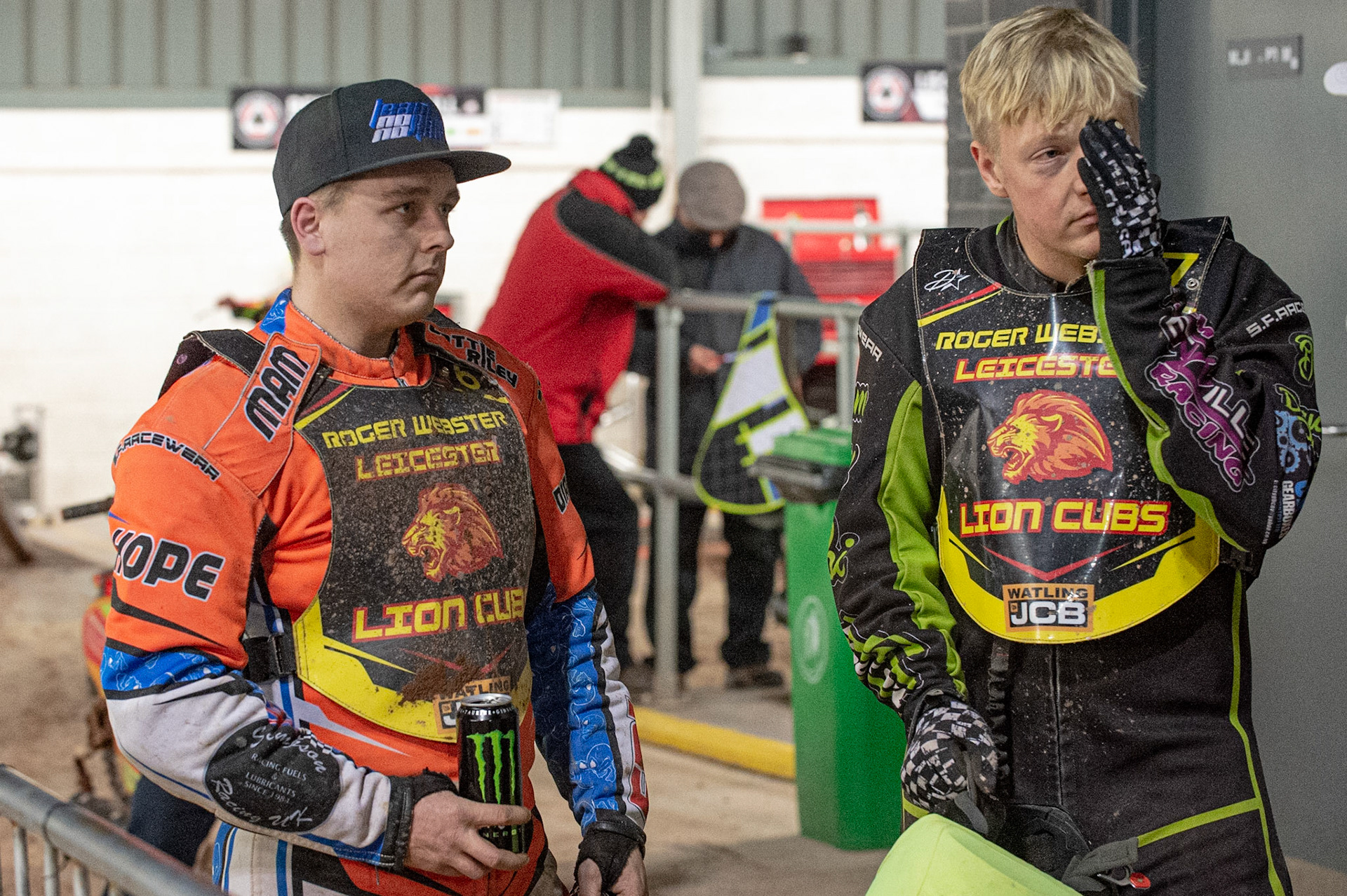 Photo: Ian Charles

Josh Embleton  (left) chats with Ryan Terry-Daley 

Belle Vue Colts v Leicester Lion Cubs, SGB National League KO Cup Final (2nd Leg), Belle Vue National Speedway Stadium, Manchester, Tuesday 29  October  2019