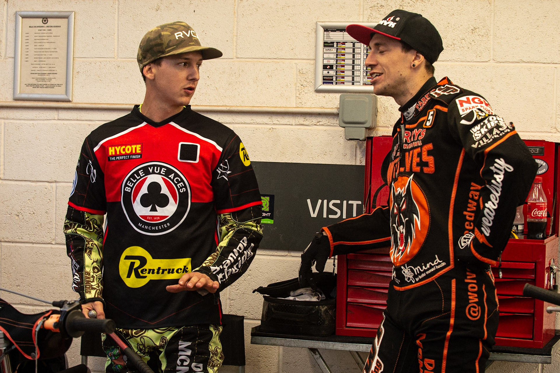 Photo by Ian Charles:

Jye Etheridge (left) chats with fellow Aussie Sam Masters 

Belle Vue Aces v Wolverhampton Wolves, SGB Premiership, National Speedway Stadium, Manchester, Monday, 19, August, 2019