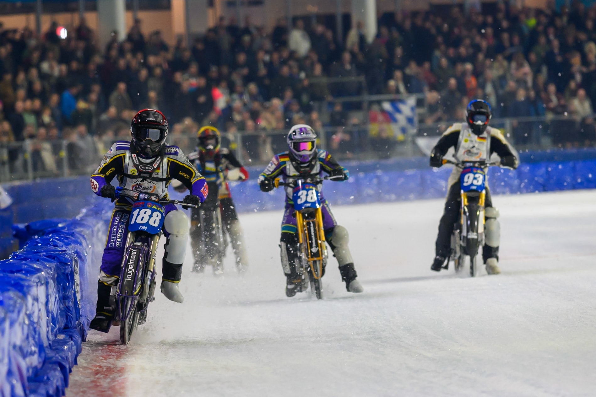 Christoph Kirchner of Germany  in Red leading Maximilian Niedermaier of Germany  in White, Franz Mayerbüchler of Germany in Blue and Emil Lingvall of Sweden  in Yellow during the ROELOF THIJS BOKAAL at Ice Rink Thialf, Heerenveen on Friday 10th April 2026.  (Photo: Ian Charles | MI News)